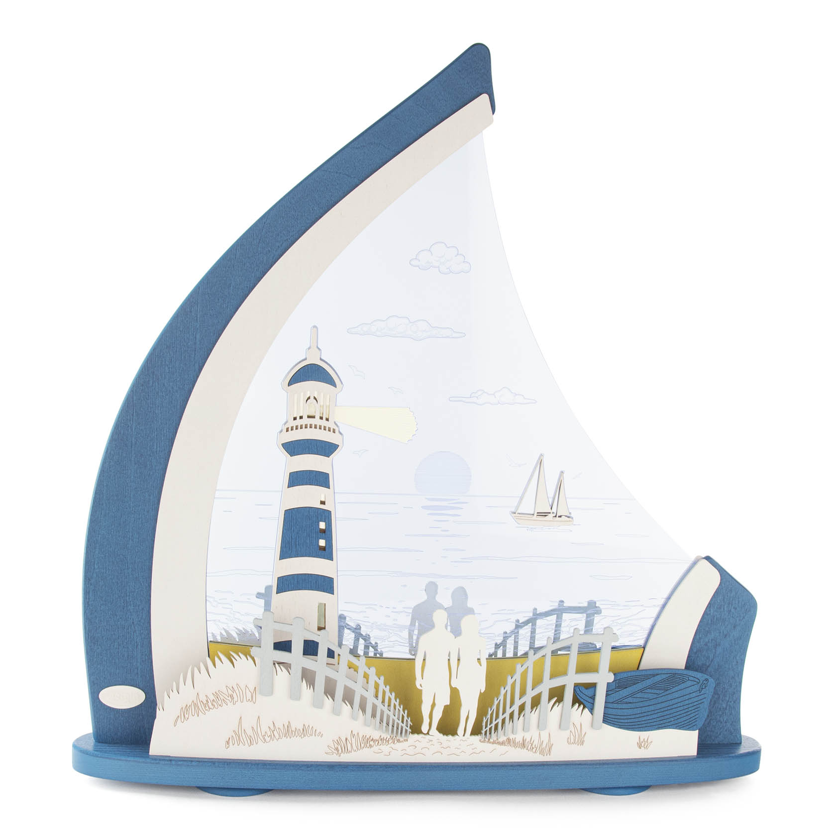 Decorative LED maritime-themed light with a lighthouse and a silhouette of a couple walking on a path by the sea, a sailboat in the background. im Dregeno Online Shop günstig kaufen