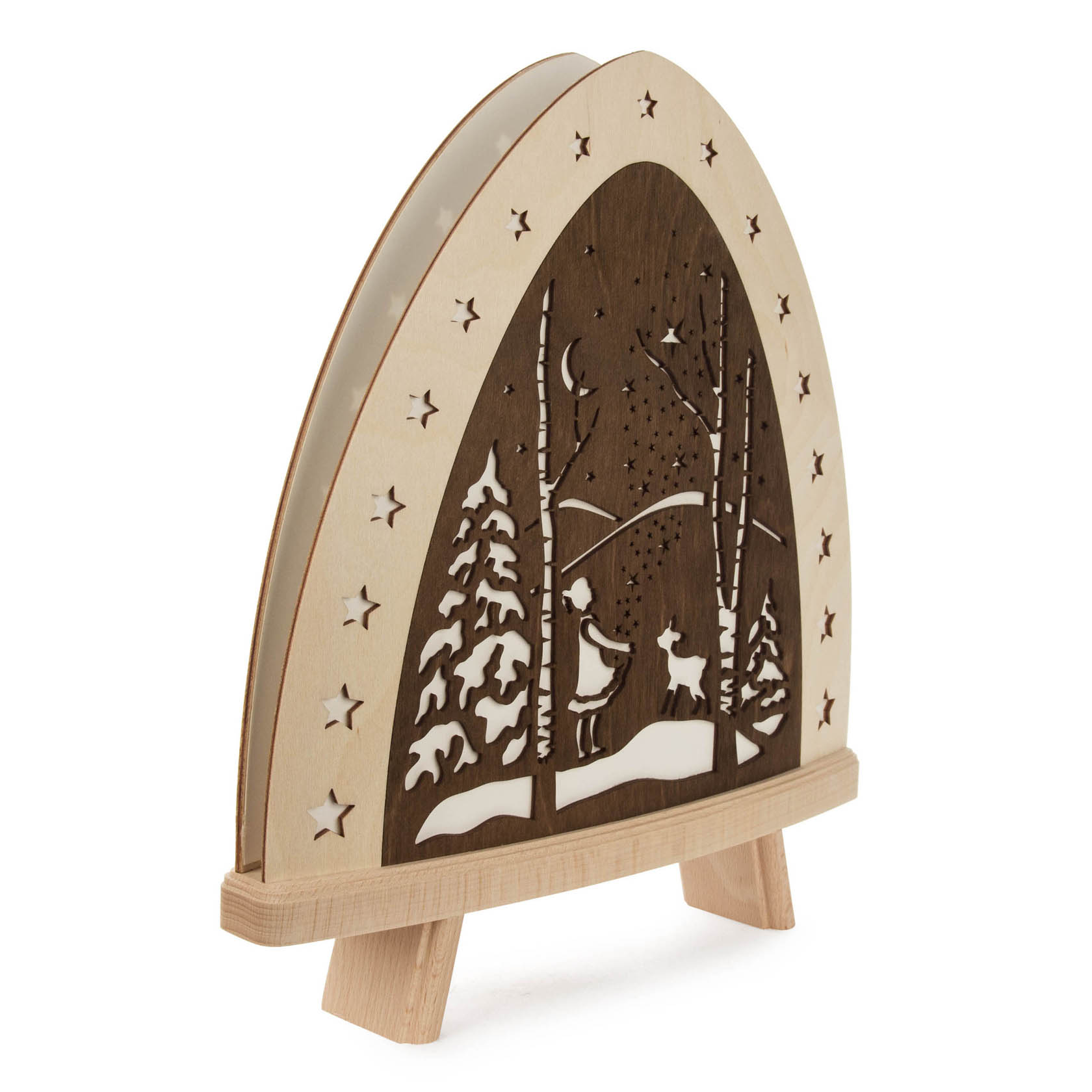 LED Standleuchte in Form eines Halbkreises mit Stern- und Winterlandschaftsdesign, inkl. Sternen, Bäumen und einem Kind mit Reh.