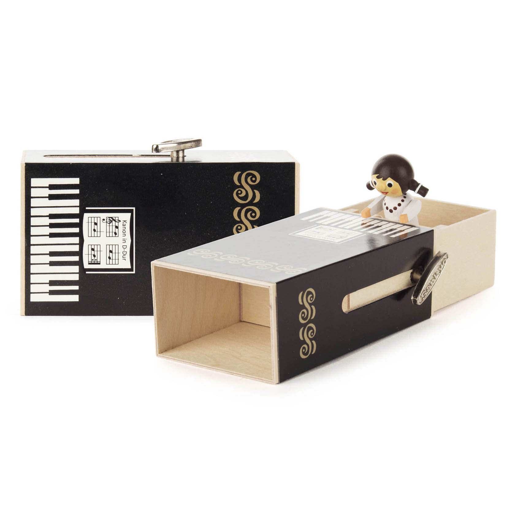 A piano-themed sliding music box with a girl figurine inside, playing Canon in D Major. The box features piano keys and elegant gold designs. im Dregeno Online Shop günstig kaufen