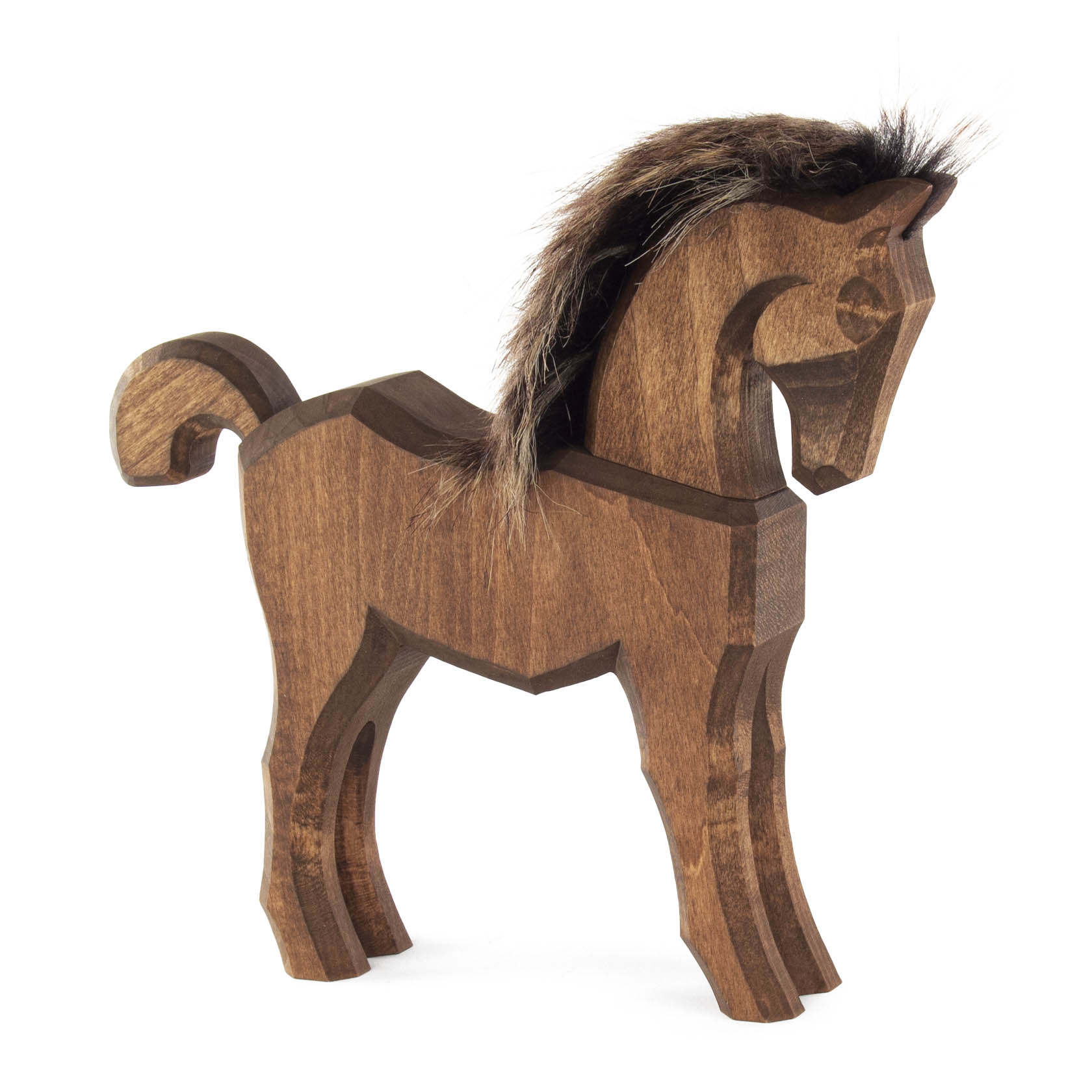 Wooden figure of a horse with a brown body and brown mane, standing upright. im Dregeno Online Shop günstig kaufen