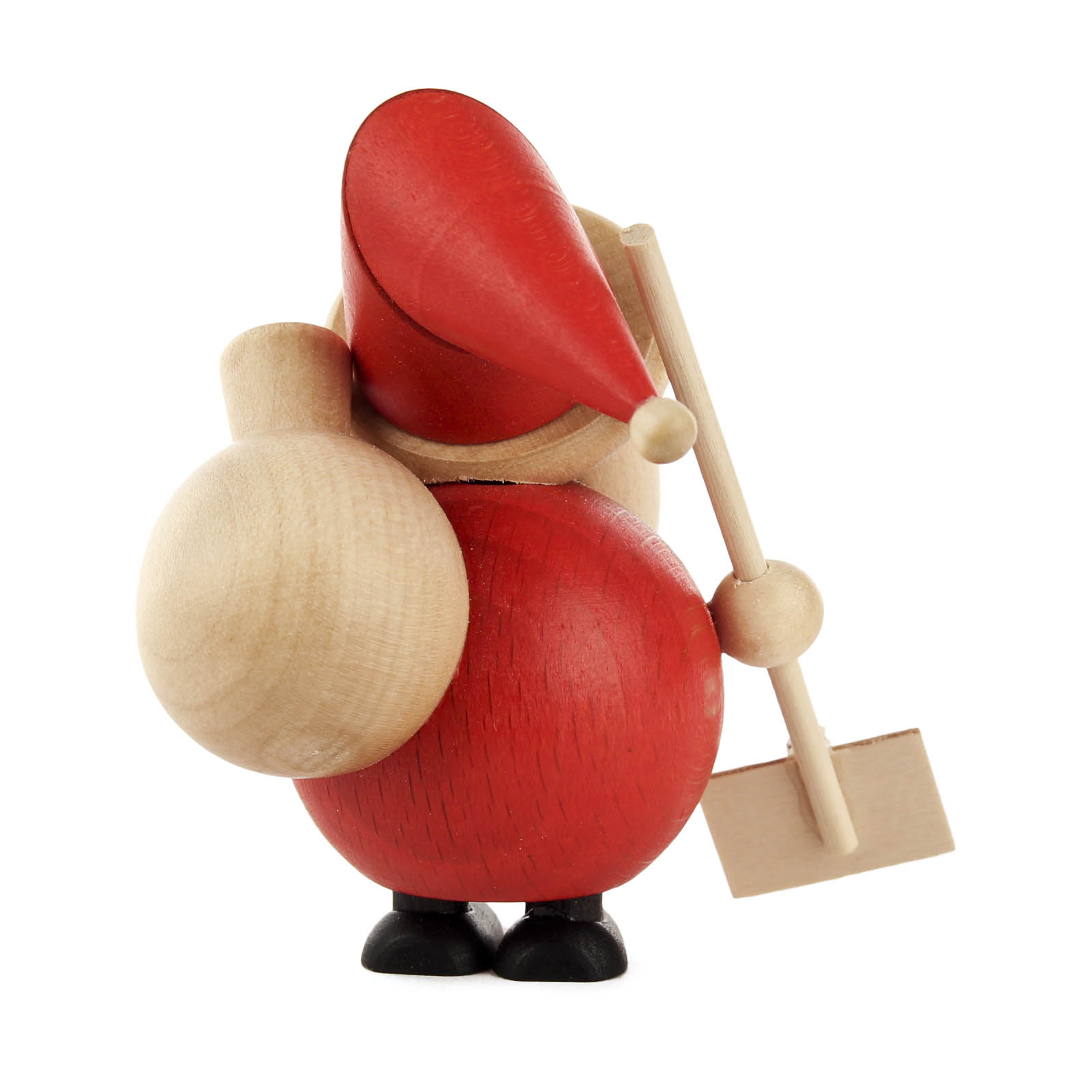A wooden Santa Claus figurine holding a snow shovel and sack, featuring a red body and hat, with black boots.