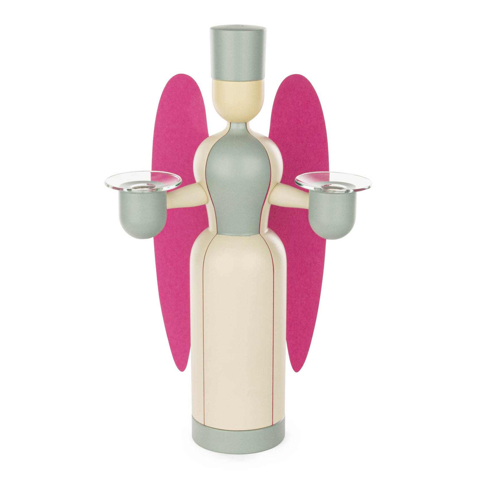 Wooden angel figure with pink wings, standing upright. The angel holds a small candle holder in each hand designed for 14mm candles. im Dregeno Online Shop günstig kaufen