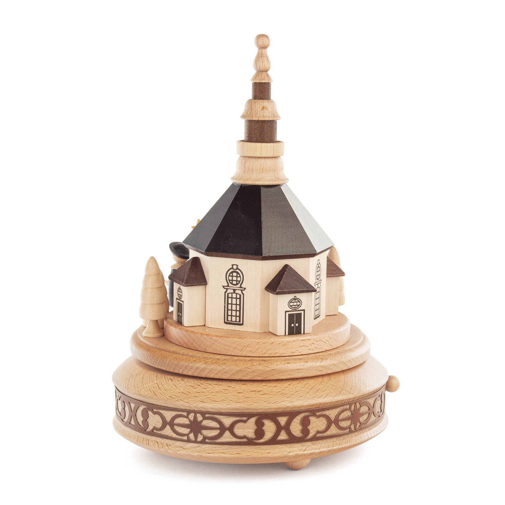 Holzspieldose mit Modell der Seiffener Kirche, verziert mit einem Kurrendefigurenmotiv, die Melodie 'Stille Nacht' spielt.
