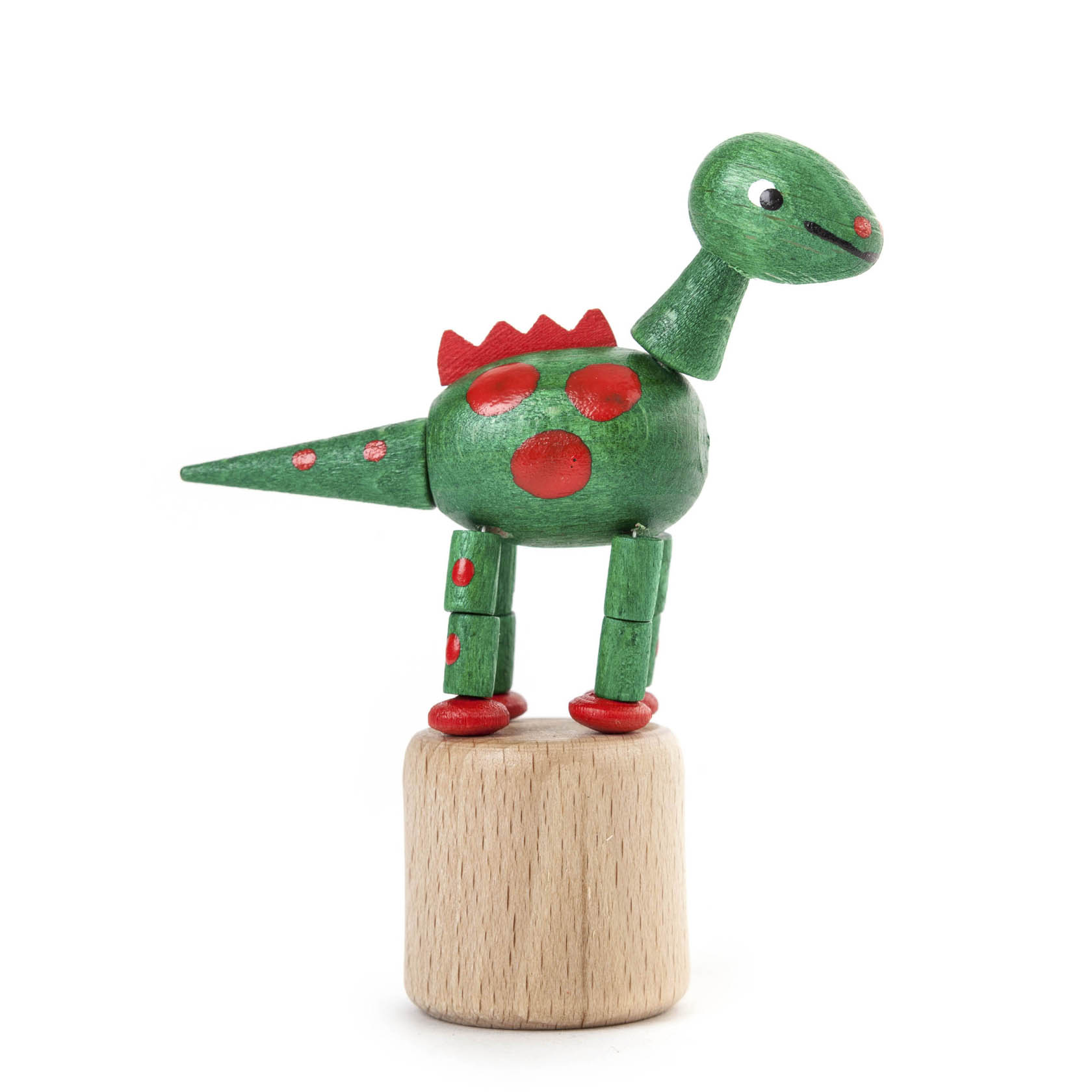 Ein grünes Wackeltier in Form eines Dinosauriers, gestaltet mit roten Punkten und Details, auf einem Holzsockel stehend. im Dregeno Online Shop günstig kaufen