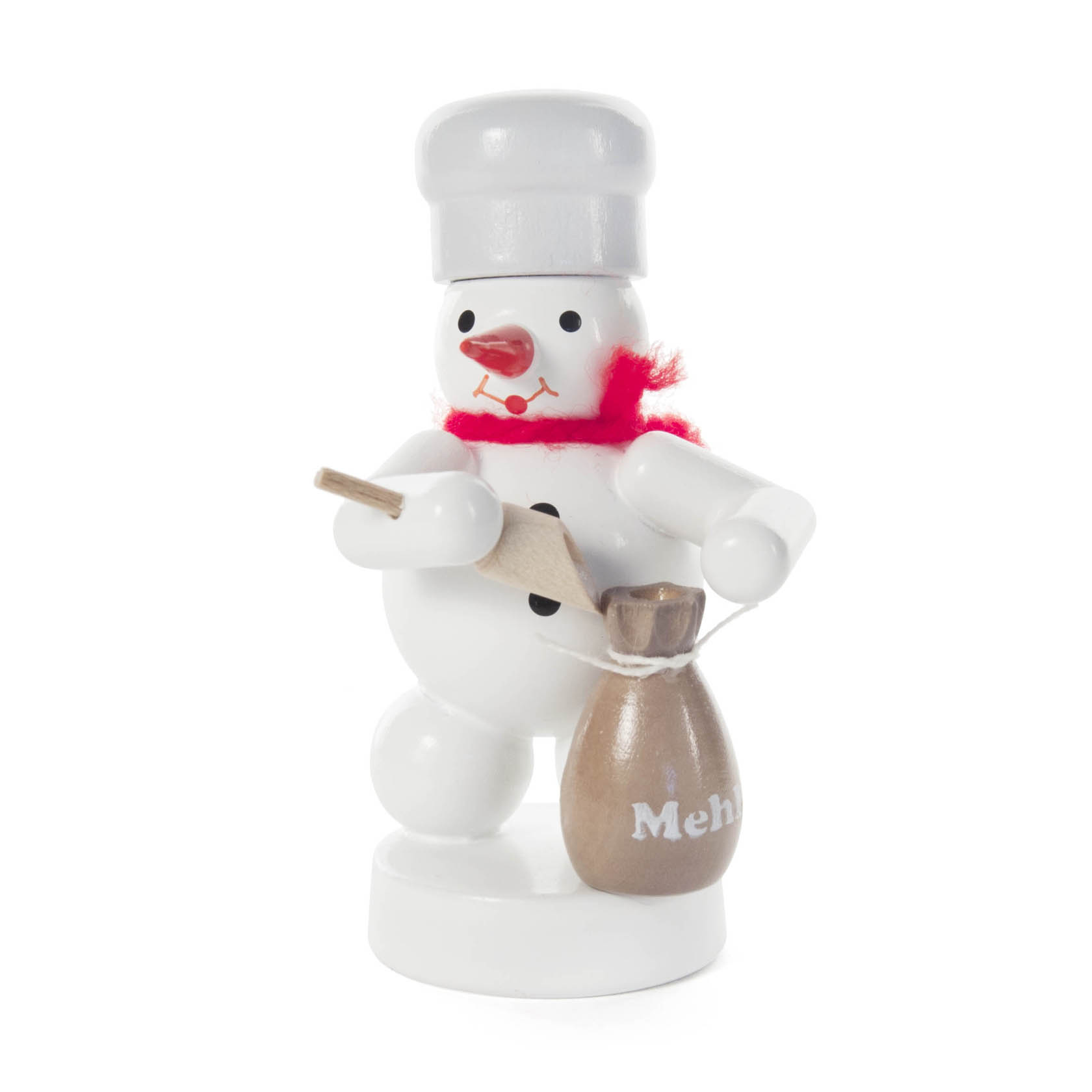Kleiner Schneemann mit rotem Schal und Kochmütze, hält einen Mehlbeutel und einen Holzlöffel. im Dregeno Online Shop günstig kaufen