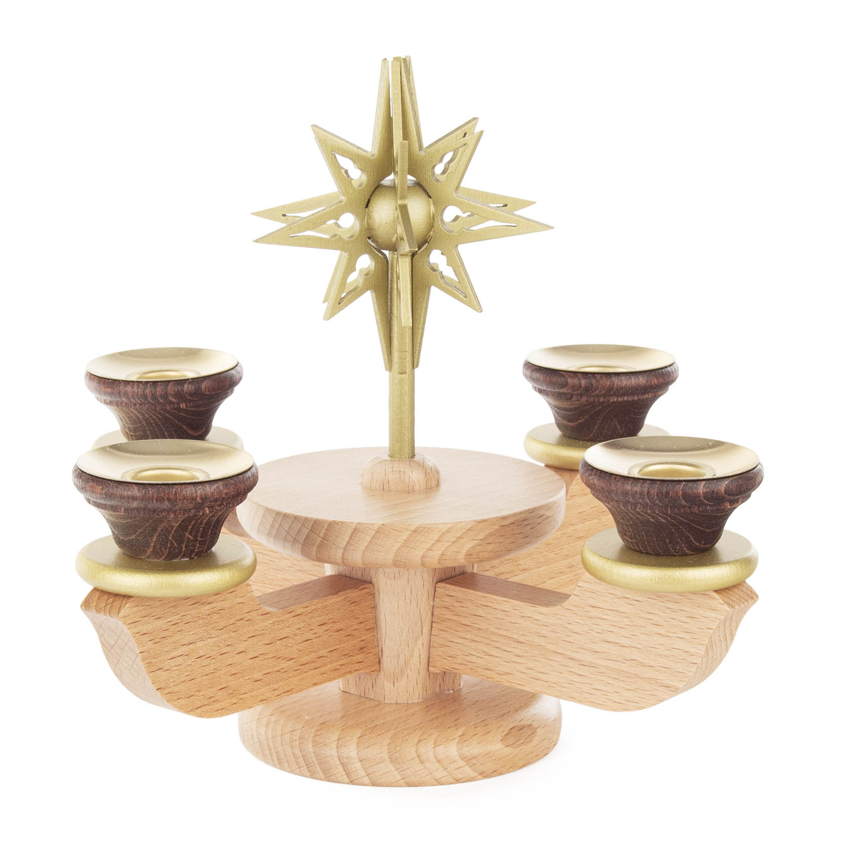 Small Advent candle holder made of natural wood with holders for four candles and a decorative gold star on top. im Dregeno Online Shop günstig kaufen