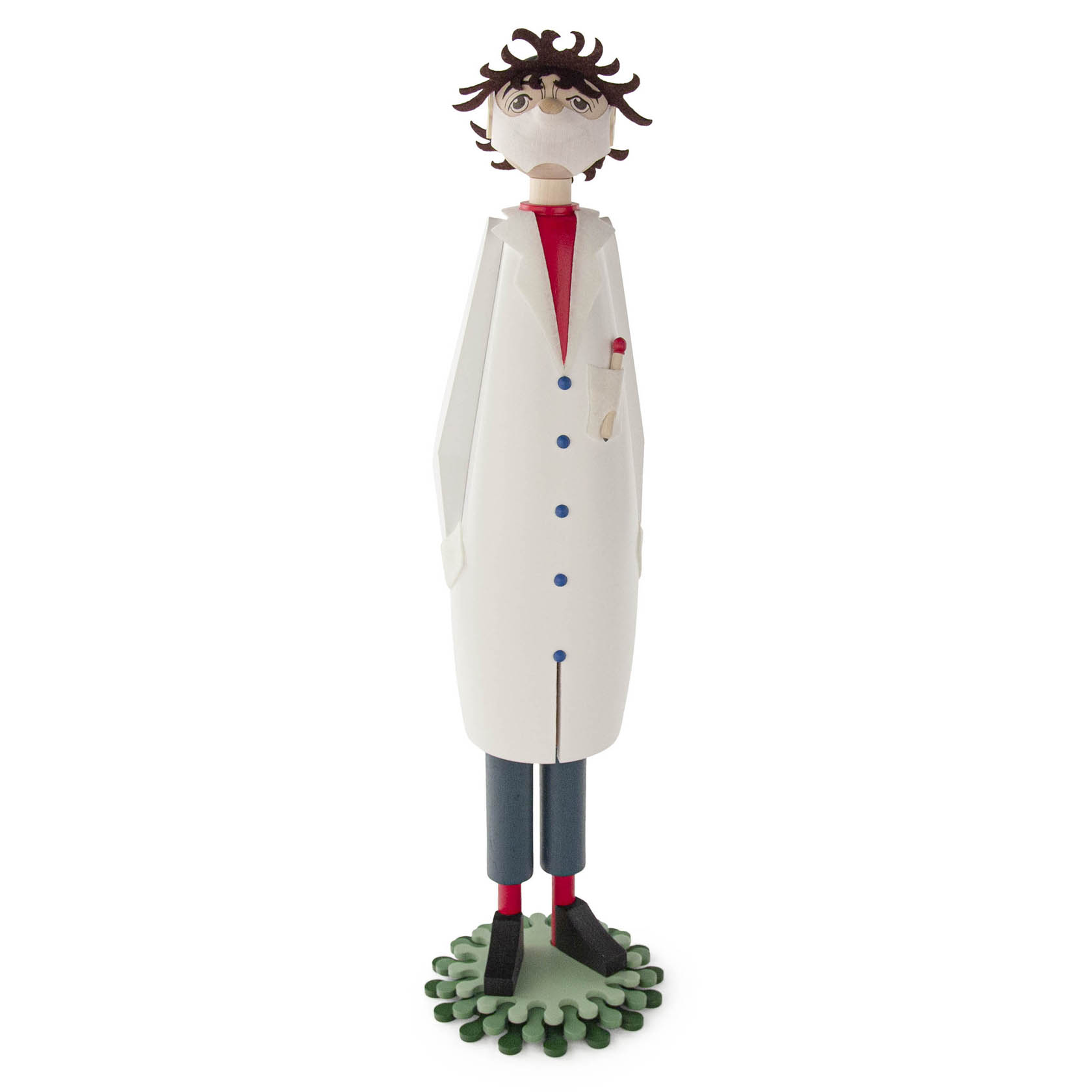 Eine handgefertigte Figur namens 'Räuchermann Arzt', die einen weißen Laborkittel und einen Mundschutz trägt. Die Figur steht auf einem Virus-ähnlichen Sockel. im Dregeno Online Shop günstig kaufen