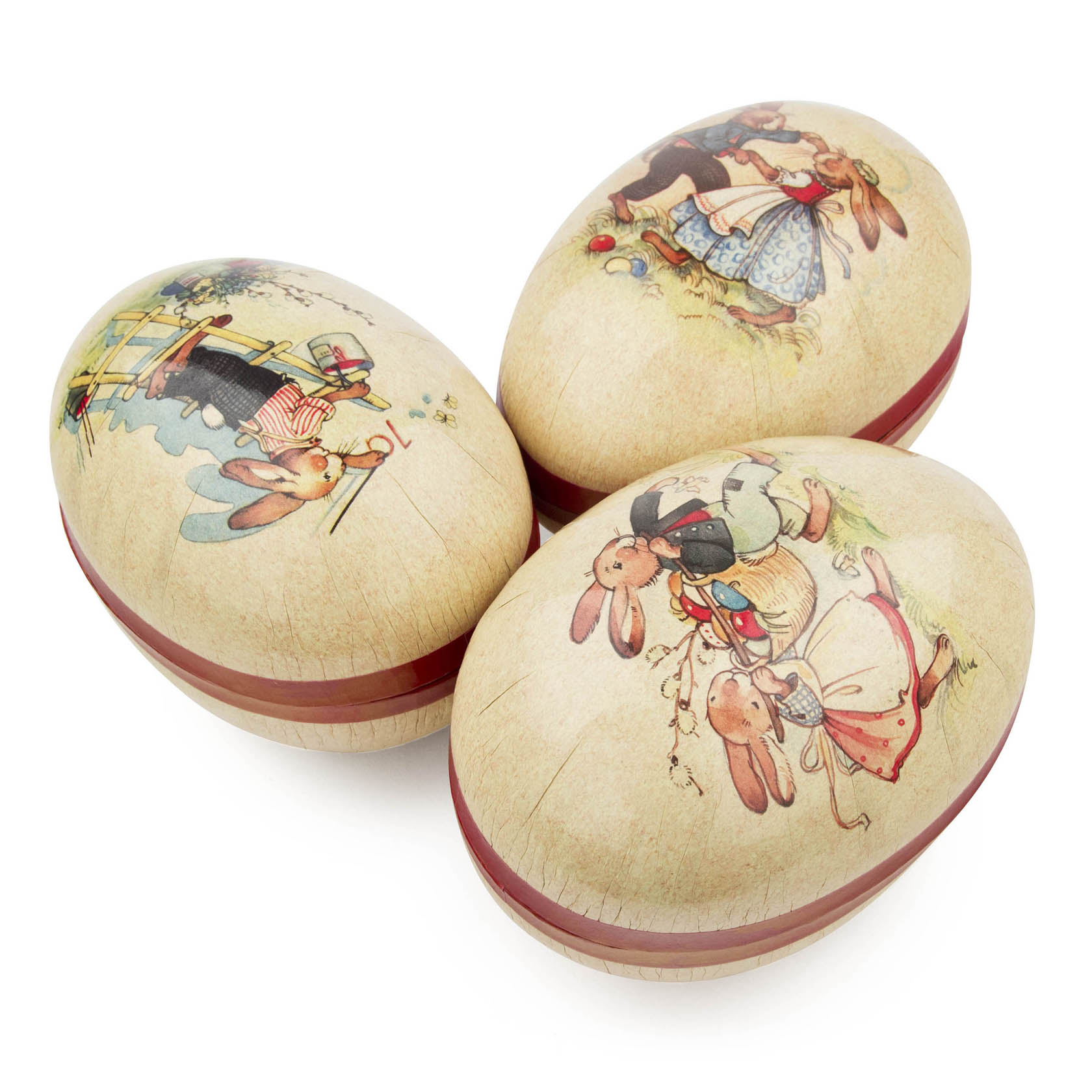 Drei ovale Ostereierboxen mit nostalgischen Häschenmotiven und roter Borte, ideal zum Befüllen. Höhe der Eier etwa 15 cm. im Dregeno Online Shop günstig kaufen