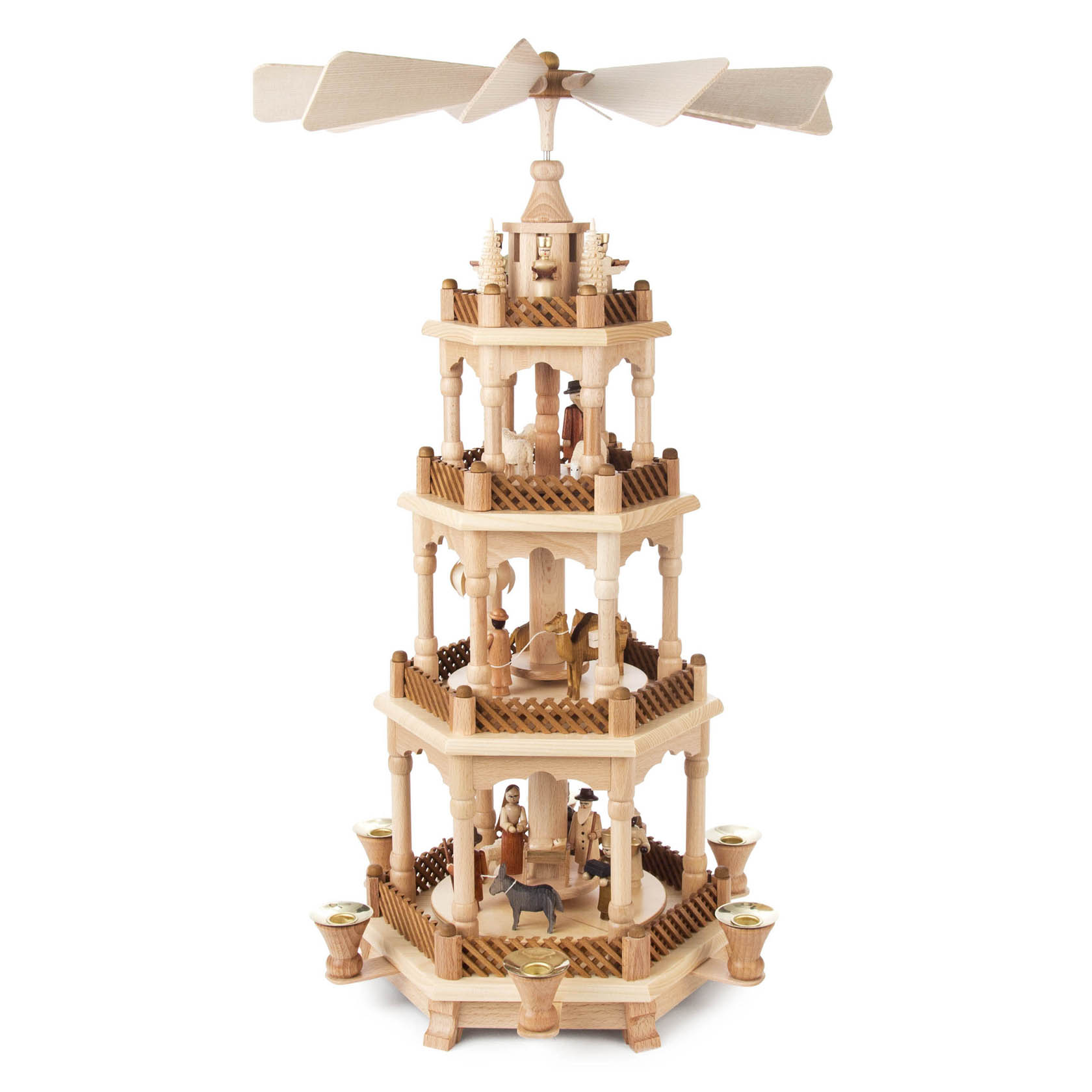 Dreistöckige Weihnachtspyramide aus Holz mit Szenen der Geburt Christi und Figuren wie Maria, Josef, das Jesuskind und Tiere. Integrierte Kerzenhalter. im Dregeno Online Shop günstig kaufen