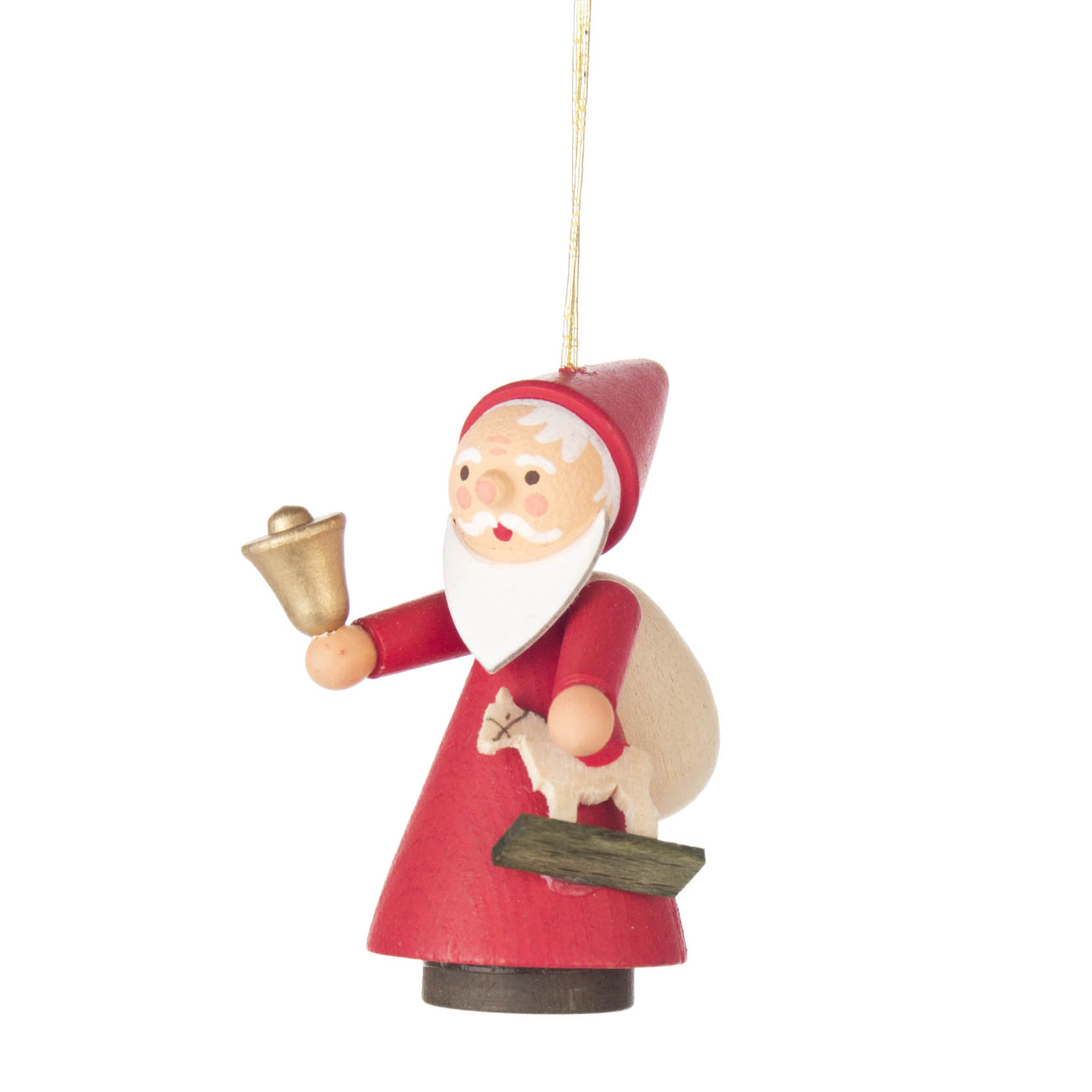 Eine Weihnachtsdekoration von Ruprecht in rotem Gewand, mit einer Glocke in der rechten Hand und einem gefüllten Sack auf dem Rücken. im Dregeno Online Shop günstig kaufen