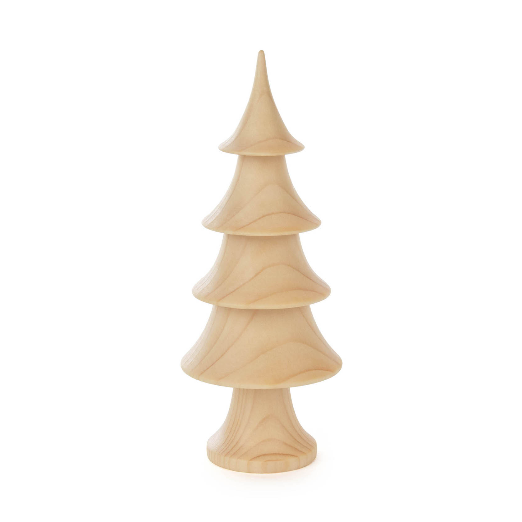 Holzfigur eines stilisierten Tannenbaums, etwa 17 cm hoch, aus natürlichem Massivholz gefertigt. Der Baum hat eine spitz zulaufende, stufenförmige Struktur. im Dregeno Online Shop günstig kaufen