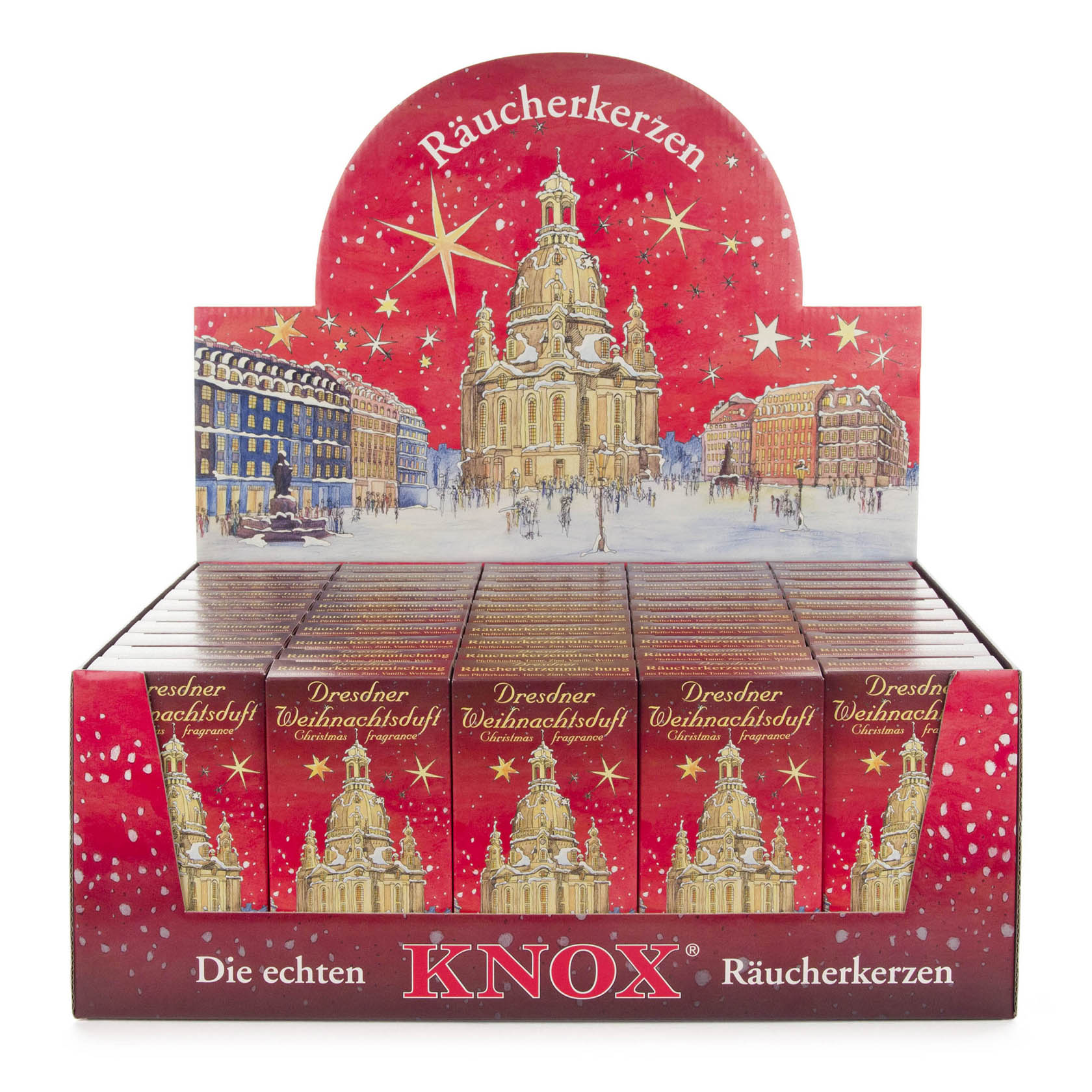 Ein Verkaufsdisplay mit KNOX Räucherkerzen in roter Verpackung, mit einem Bild der Dresdner Frauenkirche und der Aufschrift 'Dresdner Weihnachtsduft'. im Dregeno Online Shop günstig kaufen