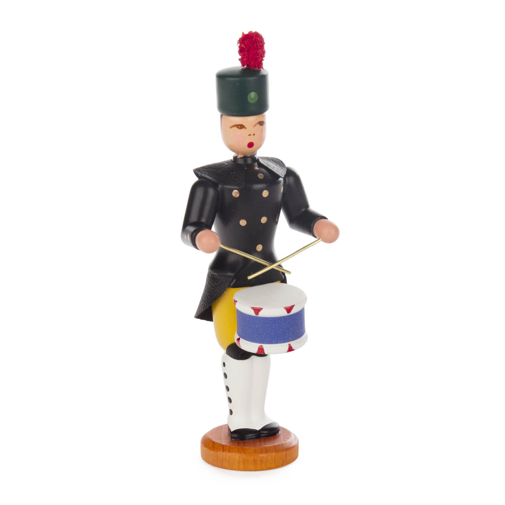 Holzfigur eines Bergmanns mit grünem Helm, schwarzer Uniform, roten Wangen und einer Trommel. Der Bergmann hält Trommelstöcke in den Händen. im Dregeno Online Shop günstig kaufen
