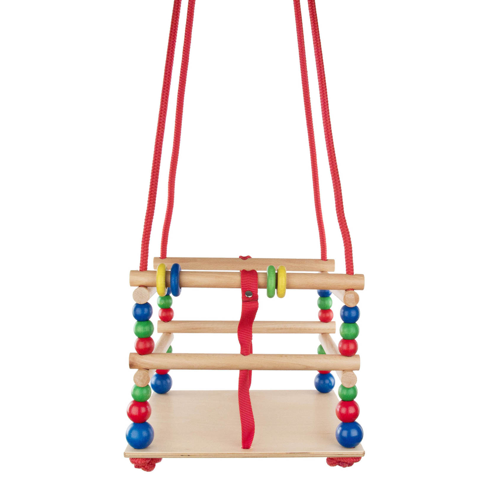Holzgitterschaukel für Kinder mit roten Seilen und bunten Holzkugeln als Verzierung. im Dregeno Online Shop günstig kaufen
