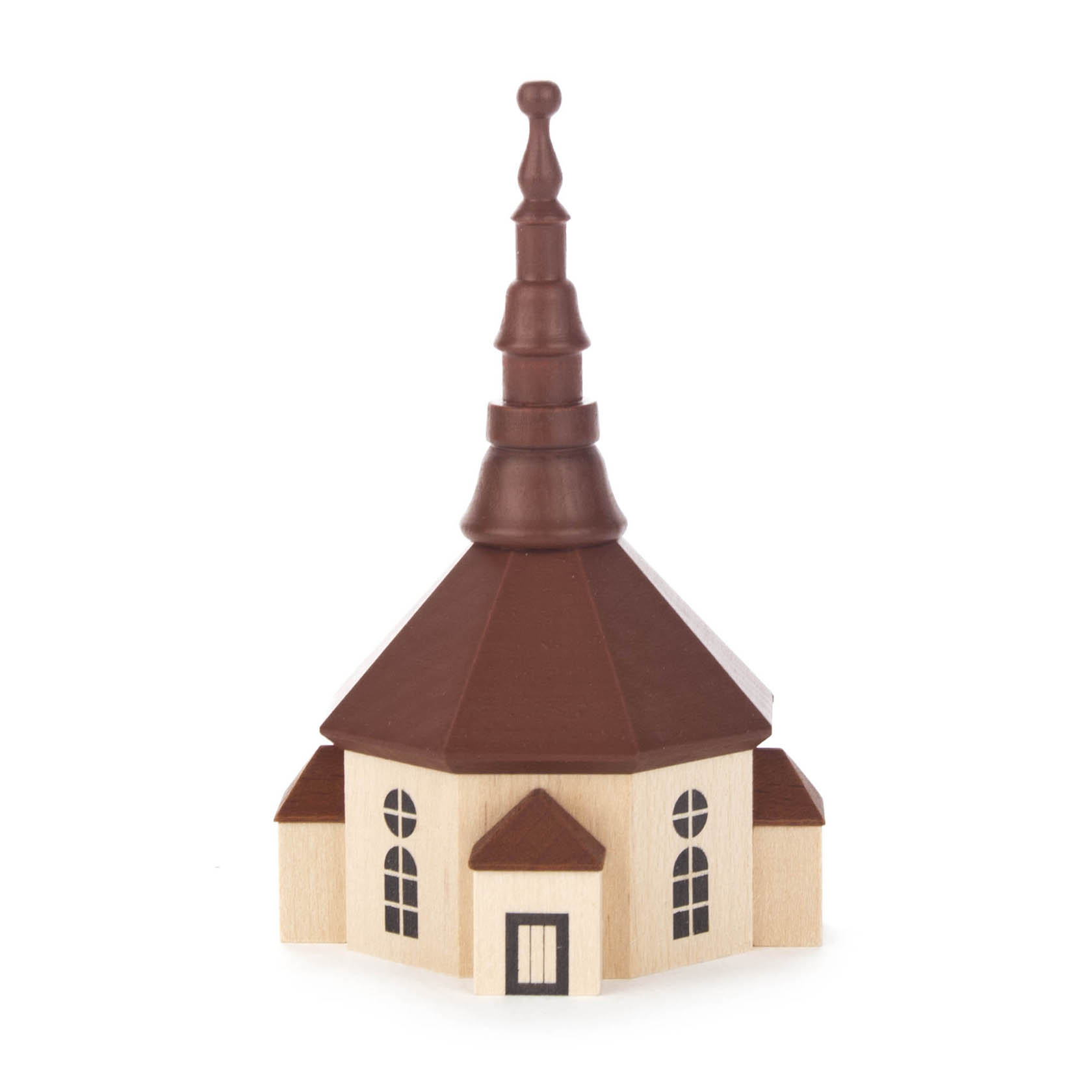 Holzmodell der Seiffener Kirche in Naturfarbe mit achteckigem Kirchenschiff und brauner, gestufter Turmspitze. im Dregeno Online Shop günstig kaufen