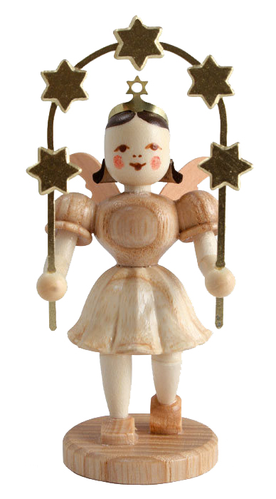Eine Holzfigur eines Engels mit rosa Flügeln und weißen Kleid, hält einen Bogen mit goldenen Sternen in den Händen. im Dregeno Online Shop günstig kaufen