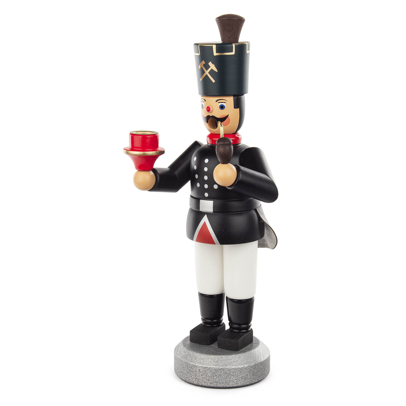 Holzfigur eines Bergmann-Räuchermanns in schwarz-weißer Uniform, mit Helm und Schnurrbart, hält einen Kerzenhalter mit einer weißen Kerze.