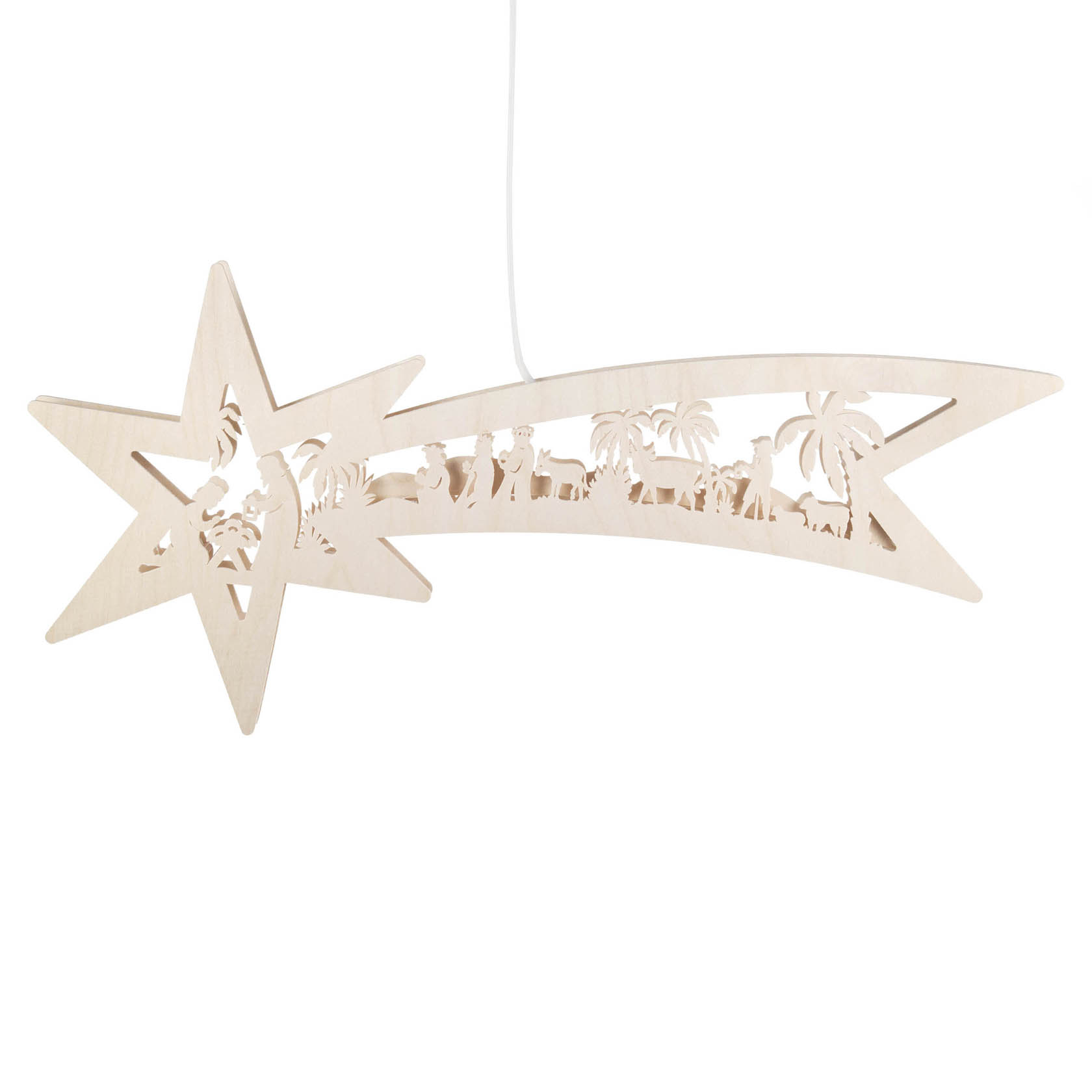 Wooden window decoration in the shape of a shooting star, featuring the Nativity scene with electric lighting. im Dregeno Online Shop günstig kaufen
