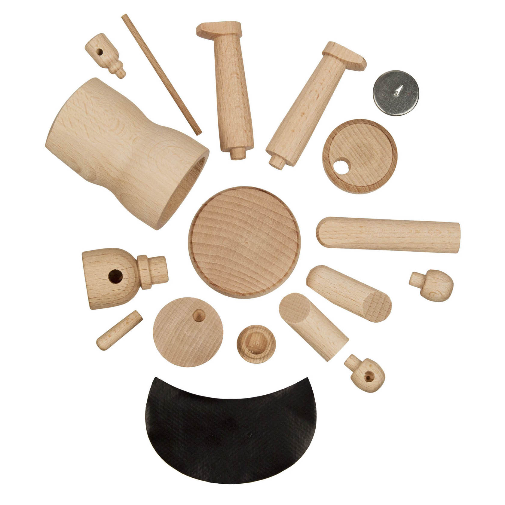 Holzteile eines Bastelsets für ein Räuchermännchen in Form eines Offizianten, inklusive Körper, Arme, Kopf, Hut, Pfeife und Sockel, dazu eine Metallplatte.