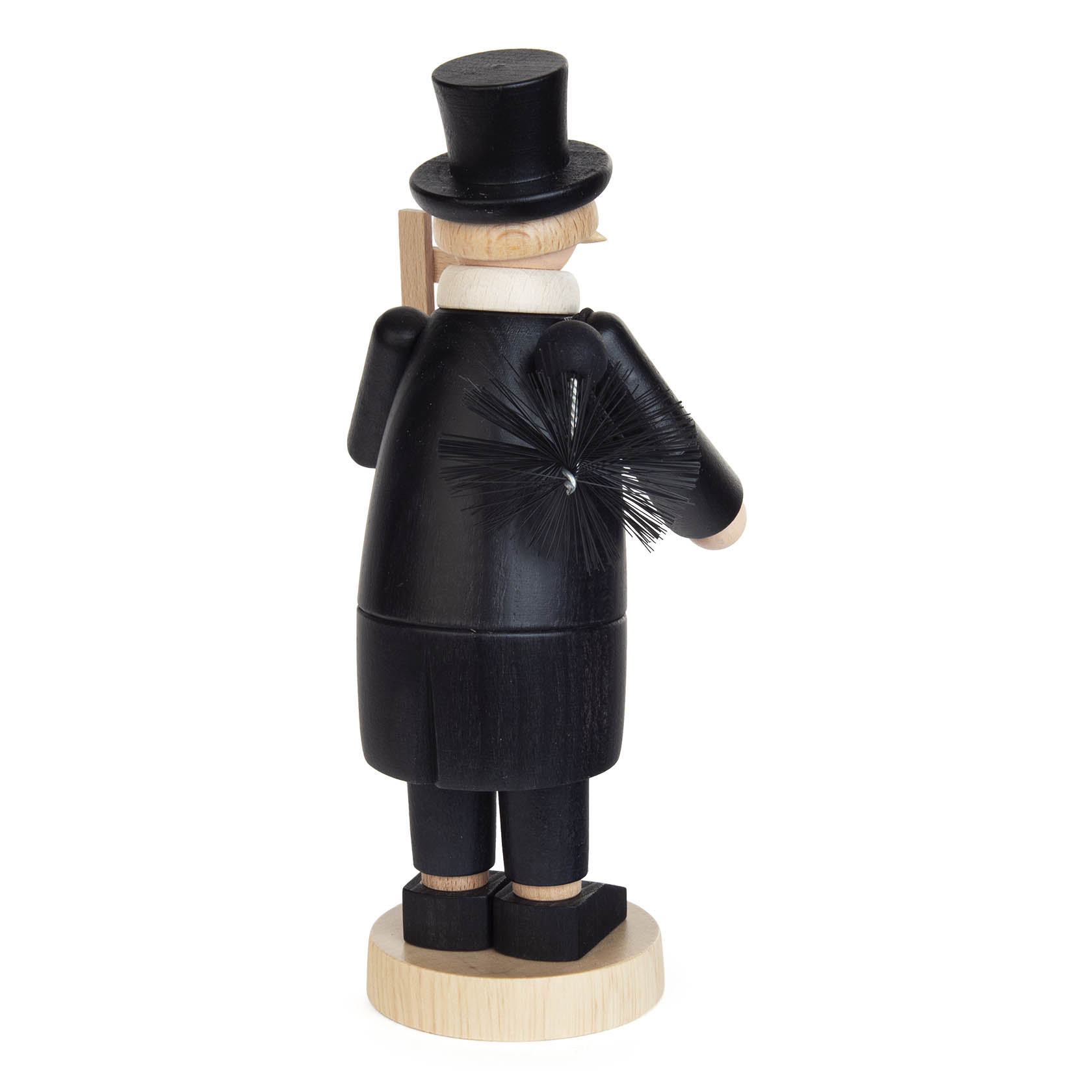 Ein traditioneller Räuchermann in Form eines Schornsteinfegers aus Holz. Er trägt einen schwarzen Zylinder und hält eine Leiter in der rechten Hand.