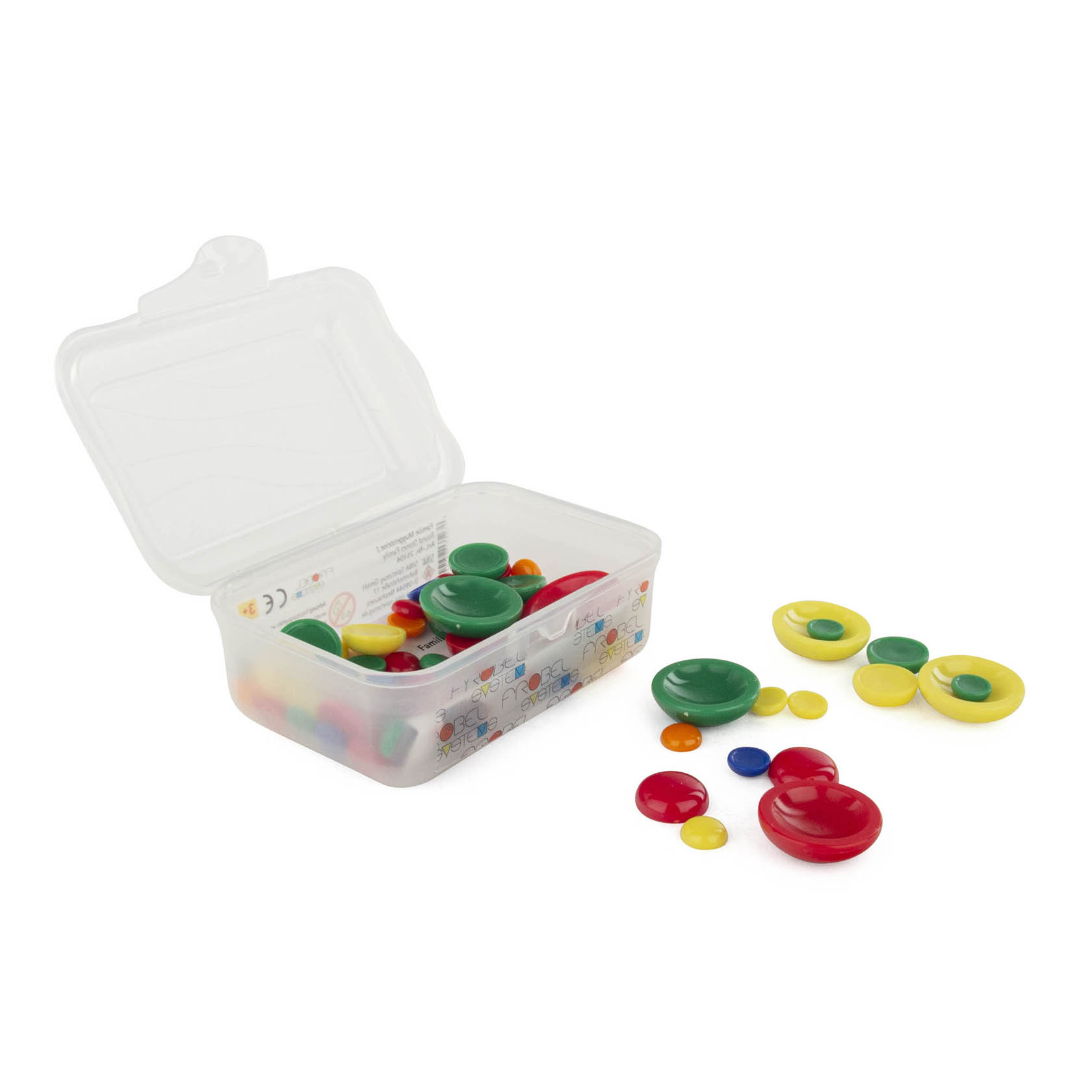 Eine geöffnete Plastikbox mit bunten, flachen Muggelsteinen in verschiedenen Größen und Farben wie Rot, Gelb, Grün und Blau. im Dregeno Online Shop günstig kaufen