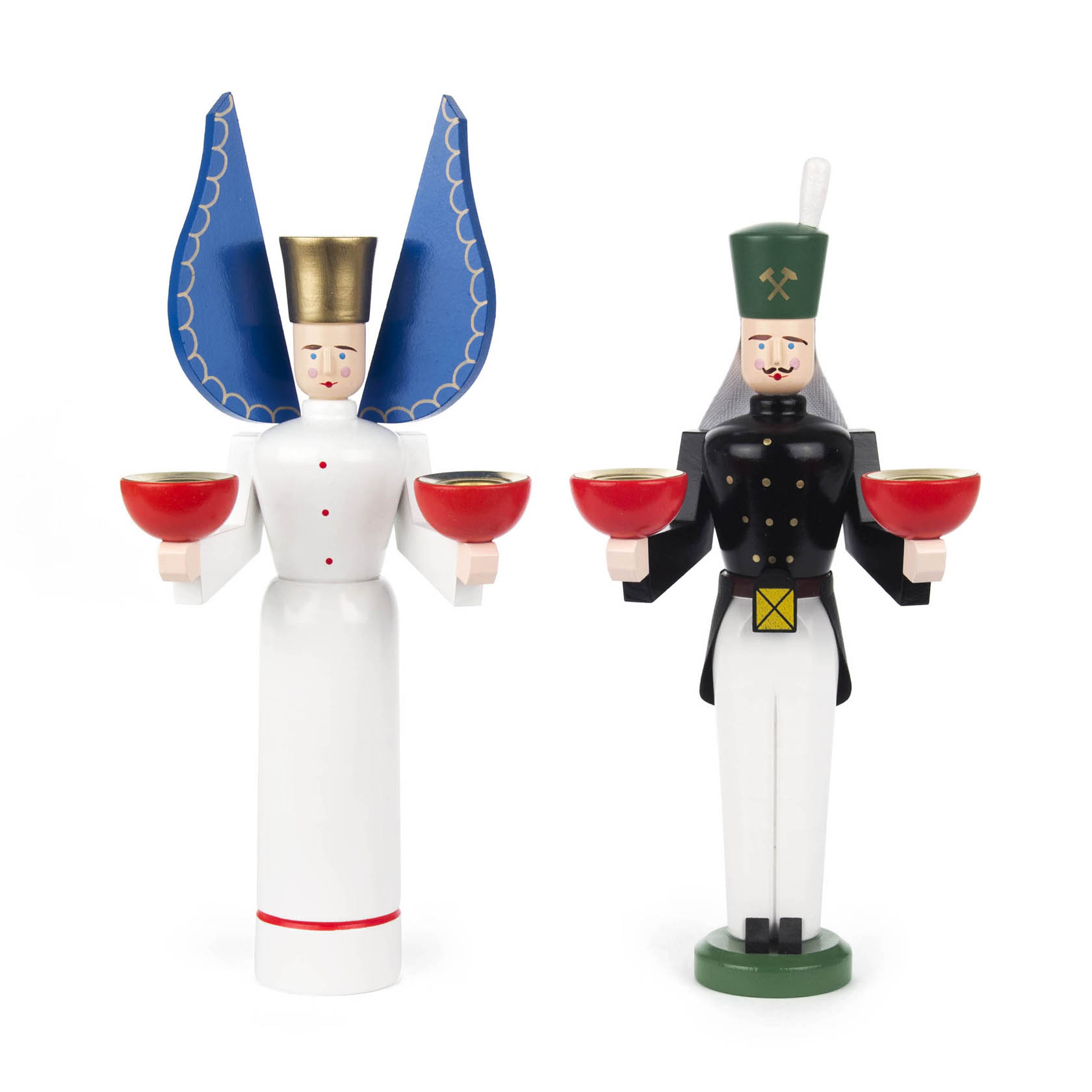 Zwei hölzerne, handbemalte Figuren: ein Engel in Weiß mit goldener Krone und blauen Flügeln, hält rote Kerzenhalter; ein Bergmann in Schwarz-Weiß Uniform mit grüner Mütze, hält ebenfalls rote Kerzenhalter. im Dregeno Online Shop günstig kaufen