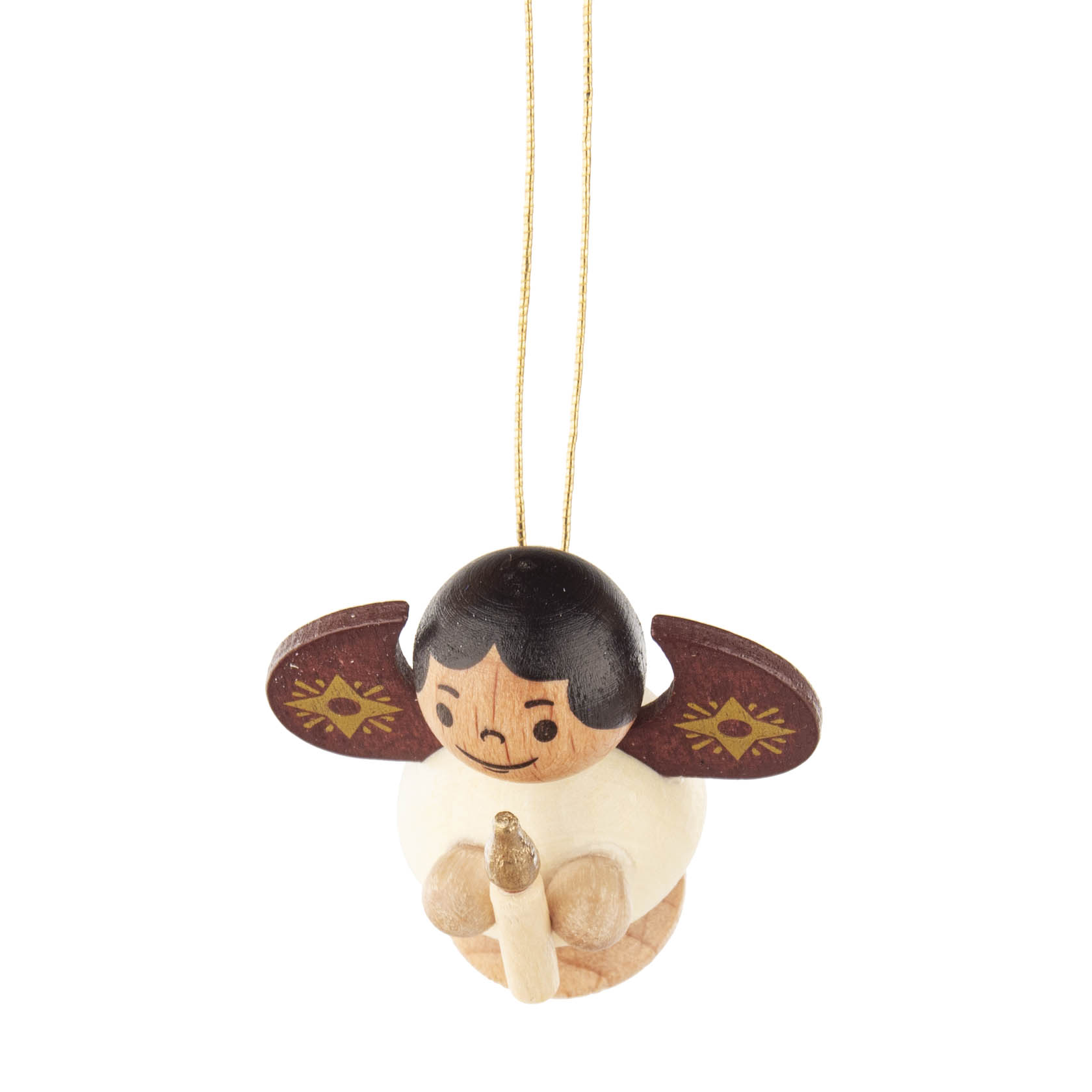 Kleiner Holzengel mit schwarzen Haaren, braunen Flügeln und einem hellen Gesicht. Er hält eine kleine Kerze und ist zum Aufhängen vorgesehen. im Dregeno Online Shop günstig kaufen