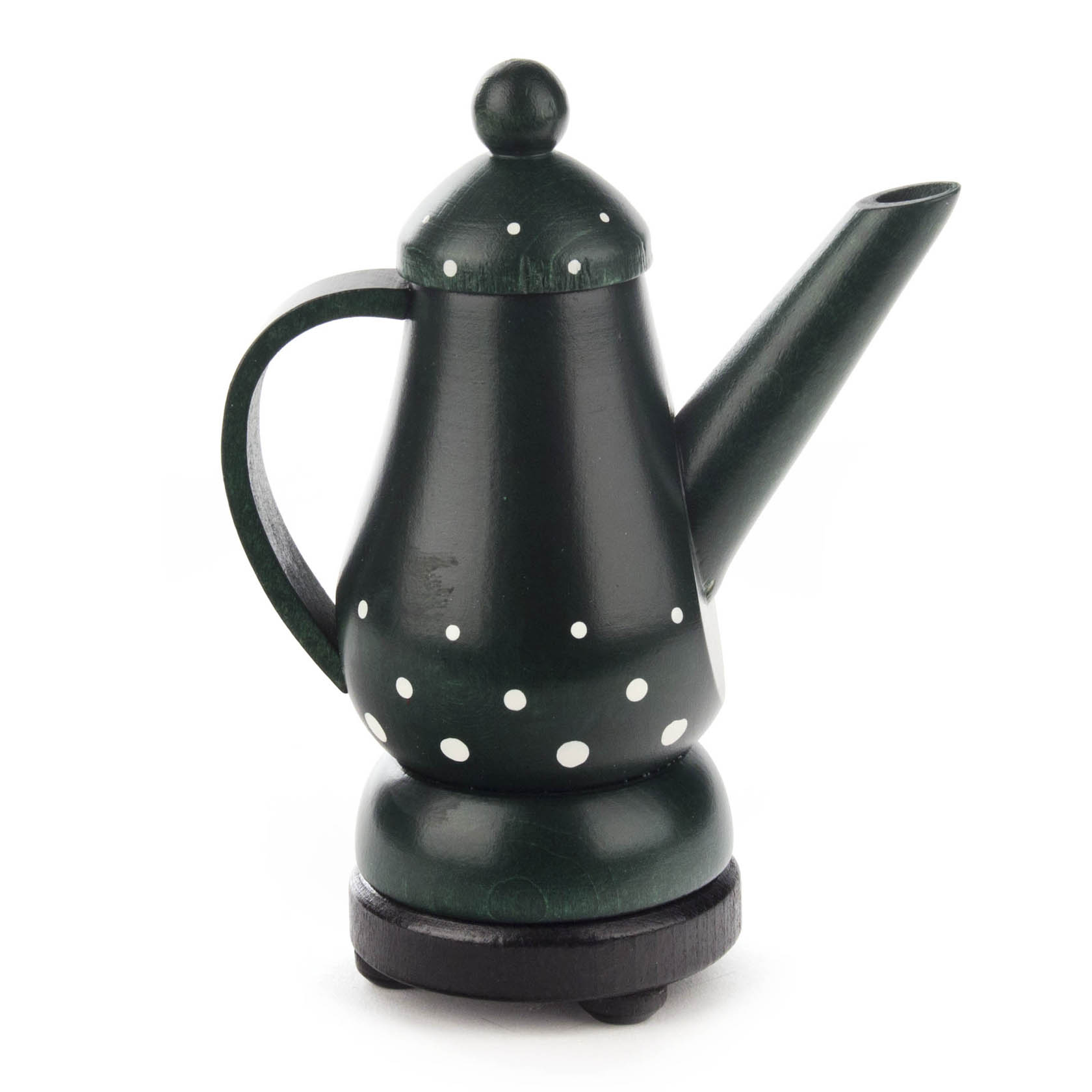 Grüne Räucherfigur in Form einer Kaffeekanne mit weißen Punkten, eine runde Basis und ein langer Ausguss.