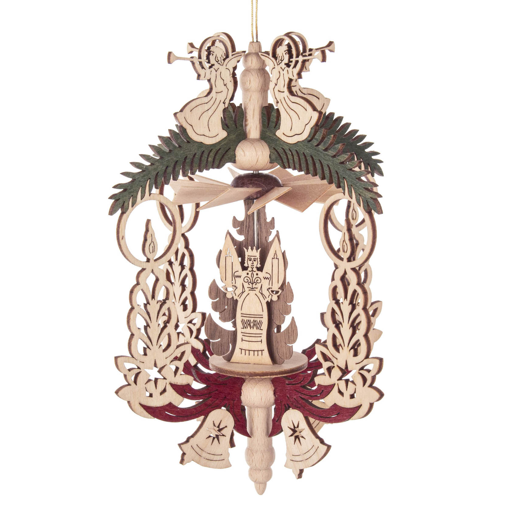 Holz-Wärmespiel in Form eines Engels mit umliegenden Weihnachtsbäumen und filigraner Holzschnitzerei, zum Aufhängen. Mittelpunkt bildet ein Engelfigur mit Kerze.