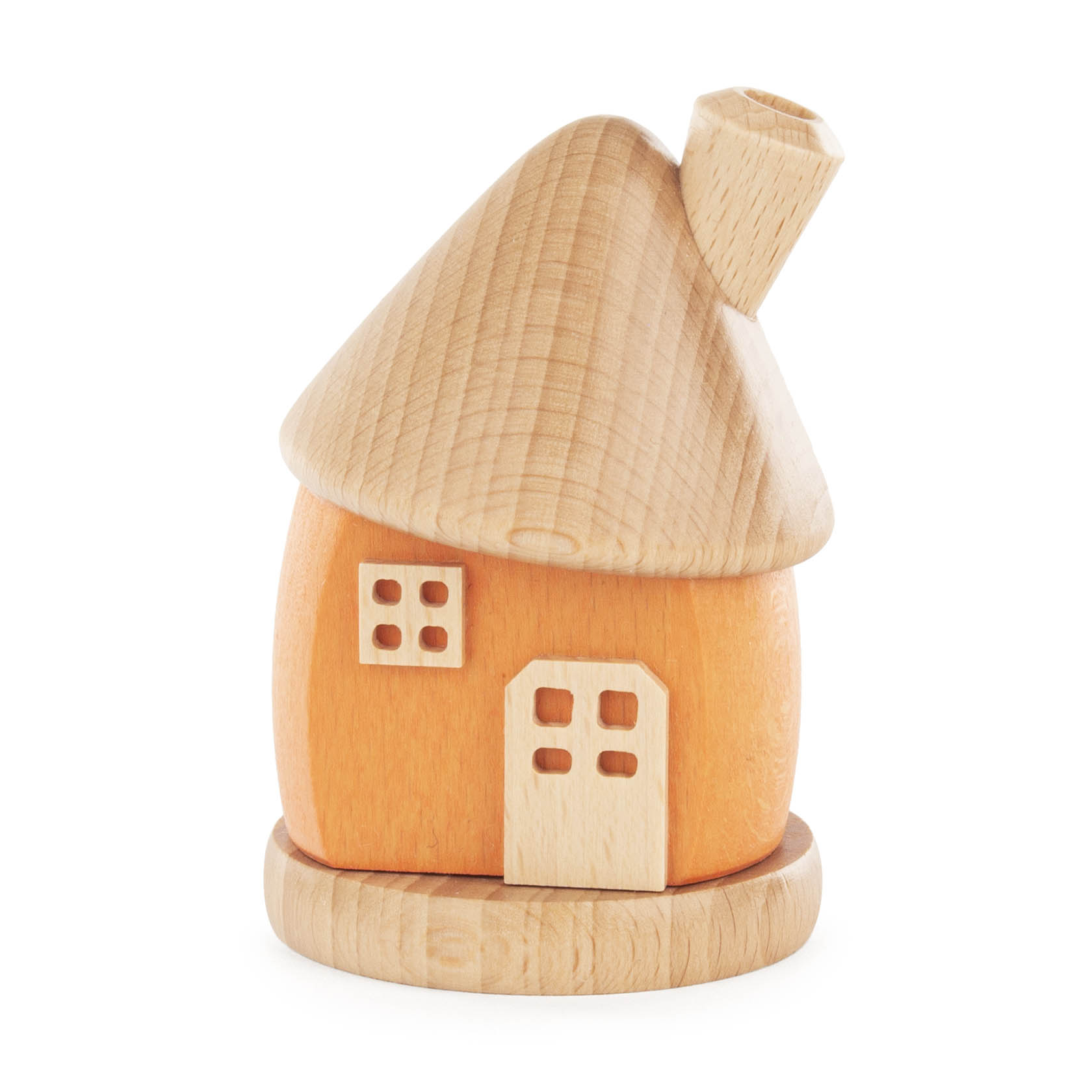 Ein orangefarbenes Räucherhaus aus Holz mit einem spitz zulaufenden Dach und Schornstein, das auf einer runden Basis steht. im Dregeno Online Shop günstig kaufen