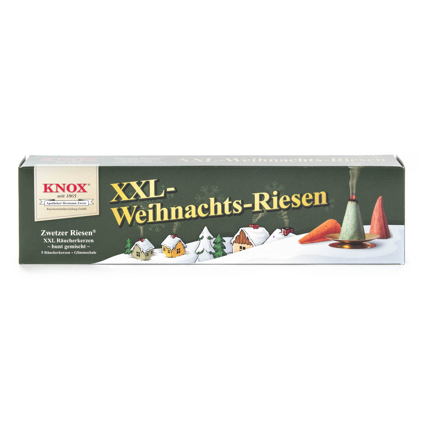 Verpackung der KNOX XXL-Weihnachtskerzen mit Abbildung von vier Häusern im Schnee. Eine Räucherkerze brennt auf einer Glimmschale.