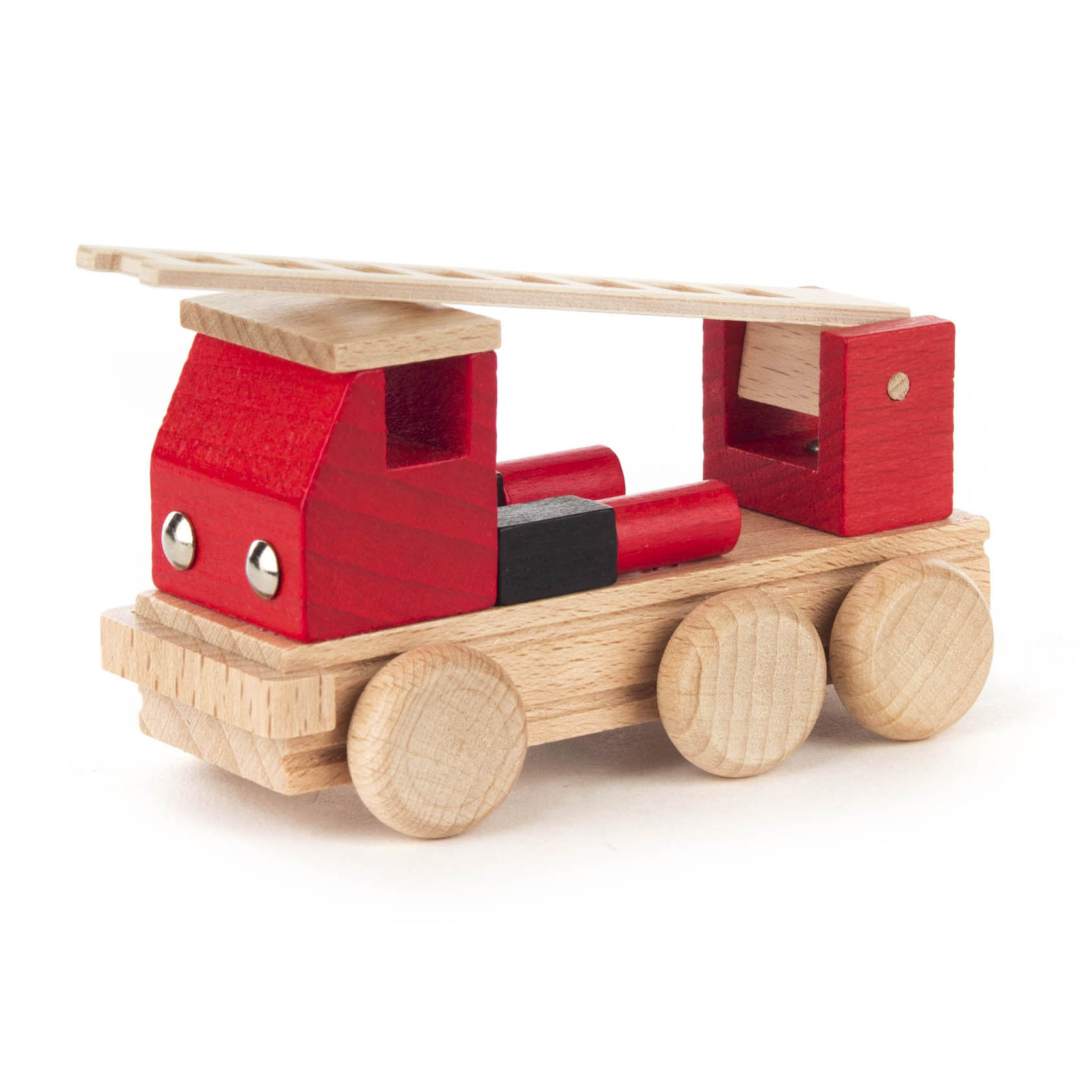 Ein farbiges, hölzernes Spielzeug-Feuerwehrauto mit rotem Führerhaus und Leiter auf dem Dach. im Dregeno Online Shop günstig kaufen