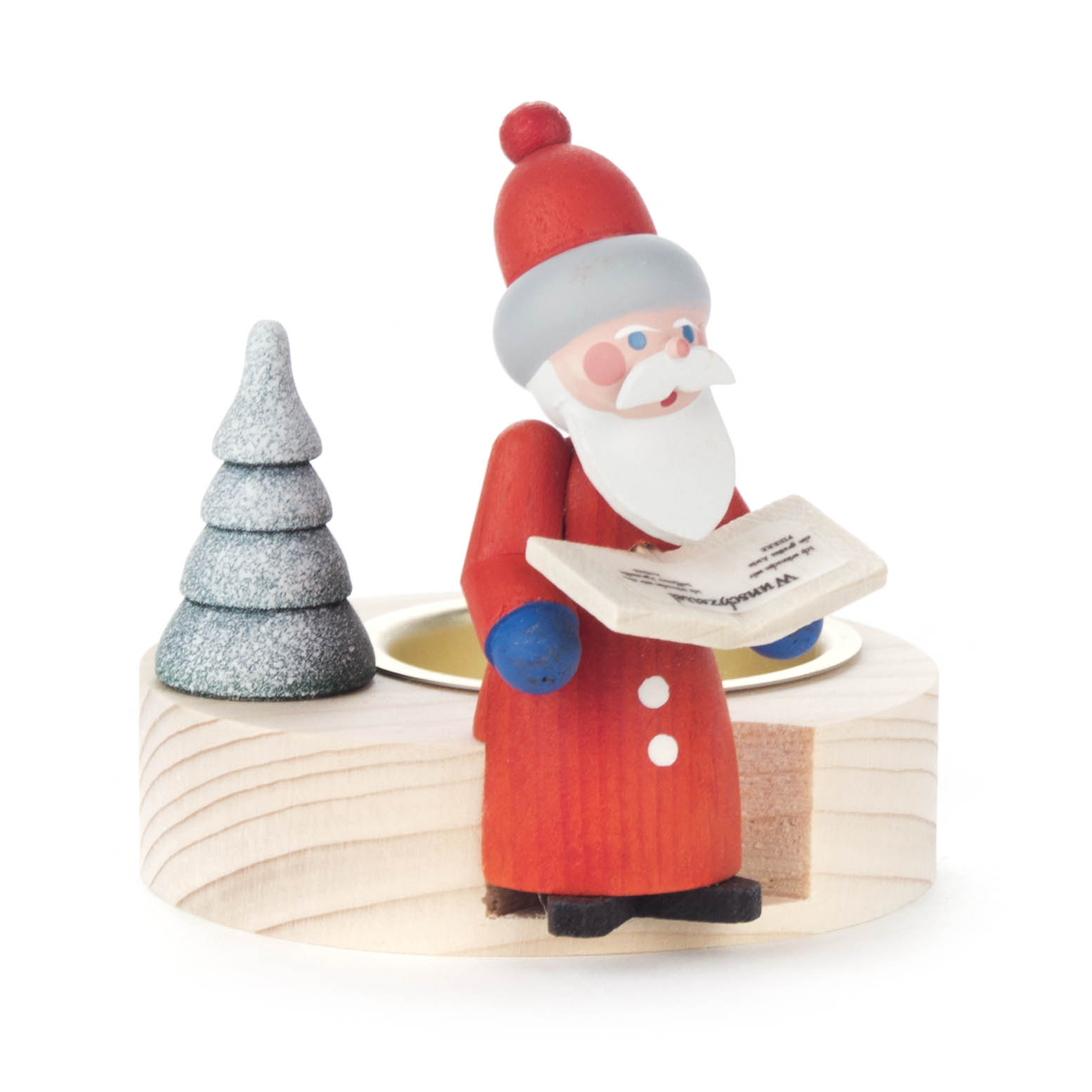 Holzteelichthalter mit Weihnachtsmannfigur in rotem Mantel, hält ein Buch, daneben ein kleiner, grauer Holzbaum. im Dregeno Online Shop günstig kaufen