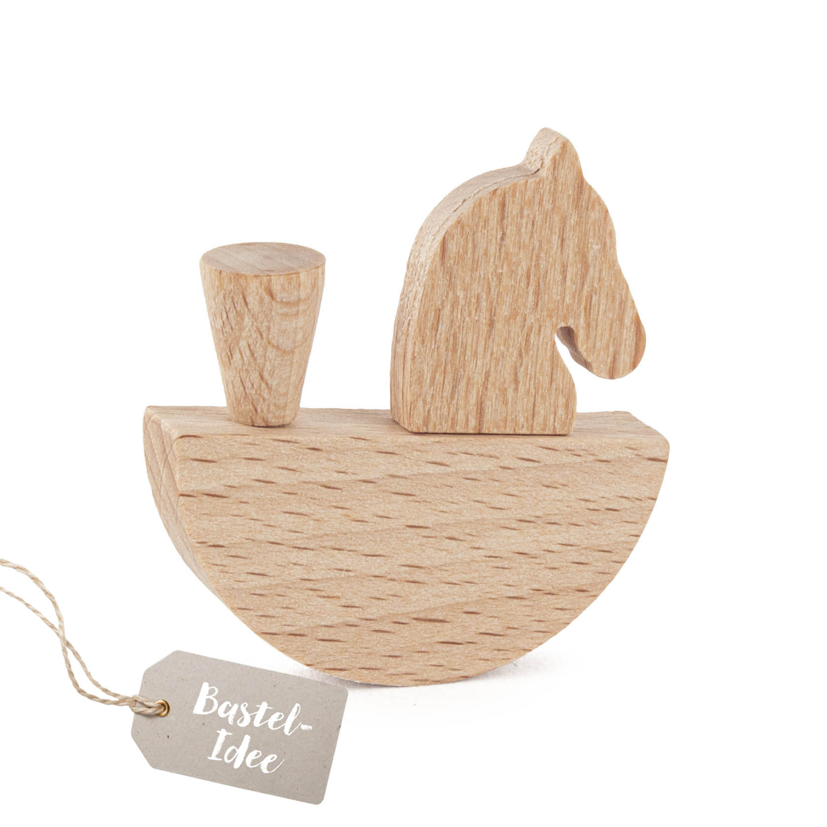 Ein kleines Schaukelpferd aus Holz, bestehend aus einem Pferdekopf und einem inversen Kegel, die auf einer sternförmigen Basis befestigt sind. im Dregeno Online Shop günstig kaufen