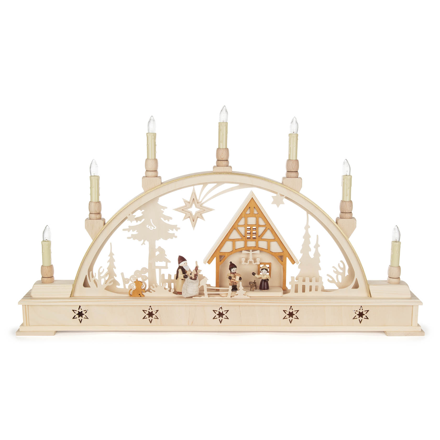 A wooden arch candleholder with LED lights, depicting a Christmas scene with a house, trees, a star, and figures celebrating. im Dregeno Online Shop günstig kaufen