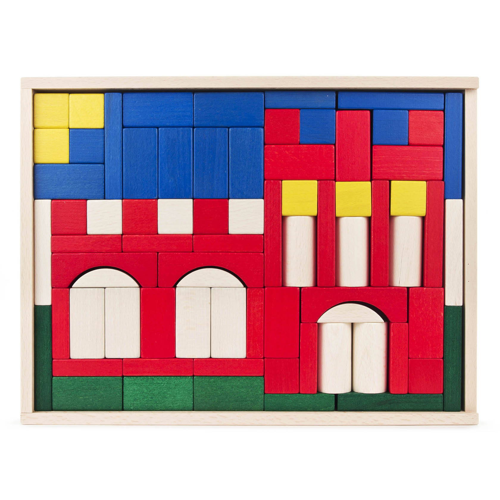 Farbenfroher Baukasten mit 74 Bausteinen in einem rechteckigen Rahmen. Hauptsächlich rote, blaue, weiße, gelbe und grüne Blöcke bilden das Bild einer Burg. im Dregeno Online Shop günstig kaufen