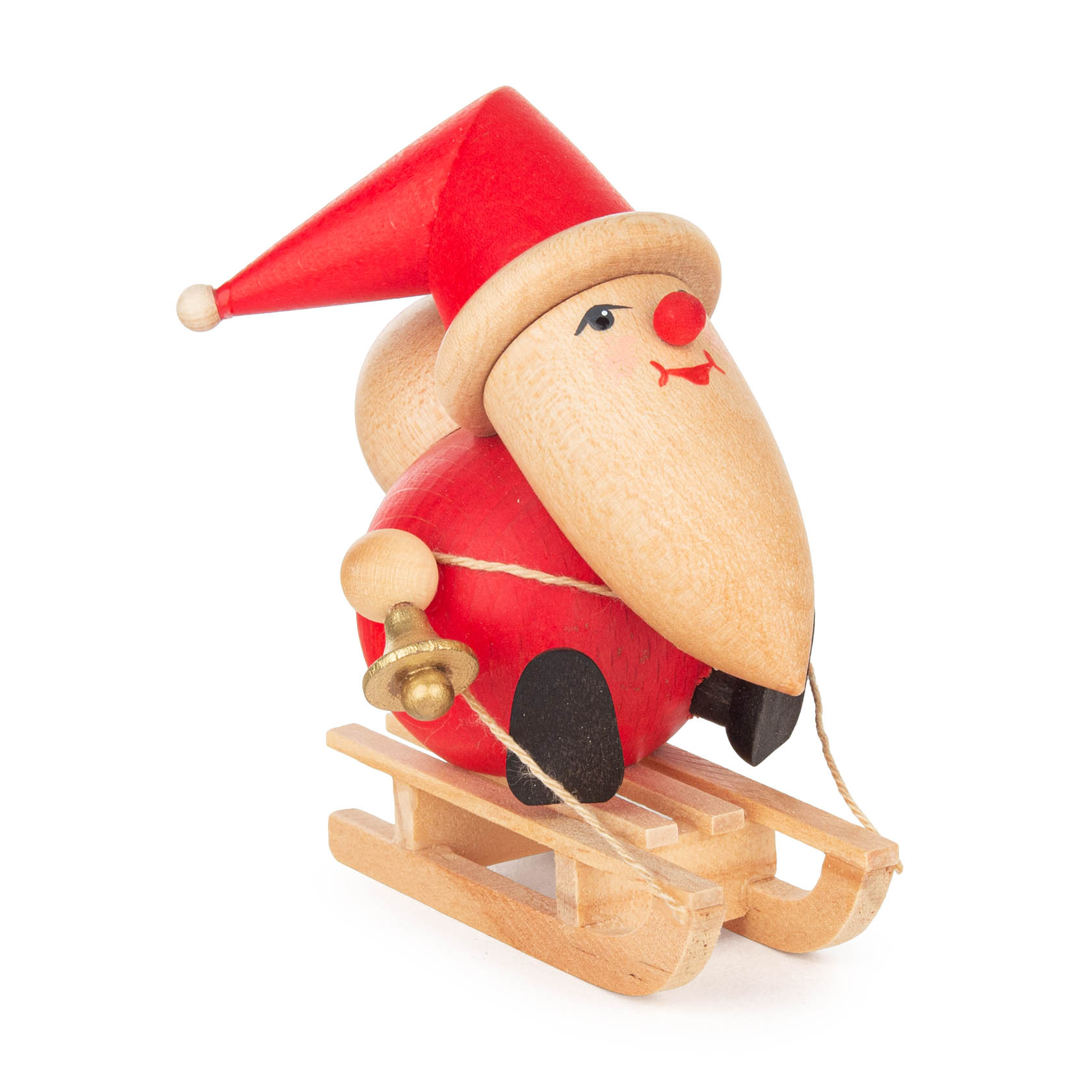 Holzfigur eines Weihnachtsmannes mit rotem Mantel und Mütze, sitzt auf einem hölzernen Schlitten mit einem Rucksack auf dem Rücken. im Dregeno Online Shop günstig kaufen
