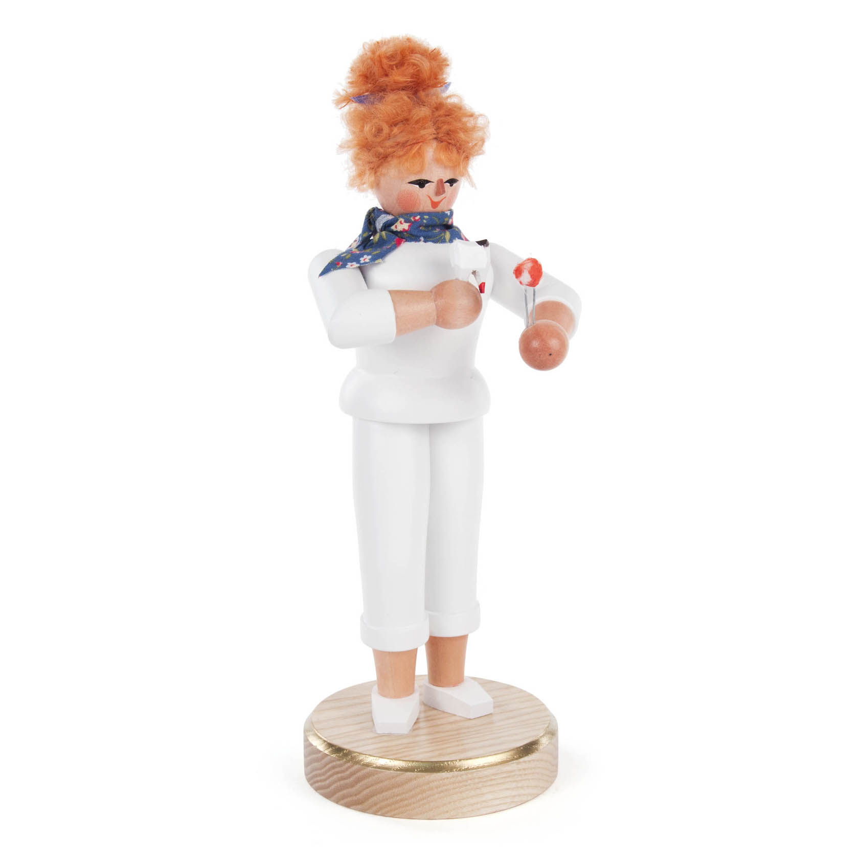A wooden incense smoker figure depicting a female dentist. She wears a white uniform, has curly red hair, and holds a tooth model and dental tool. im Dregeno Online Shop günstig kaufen
