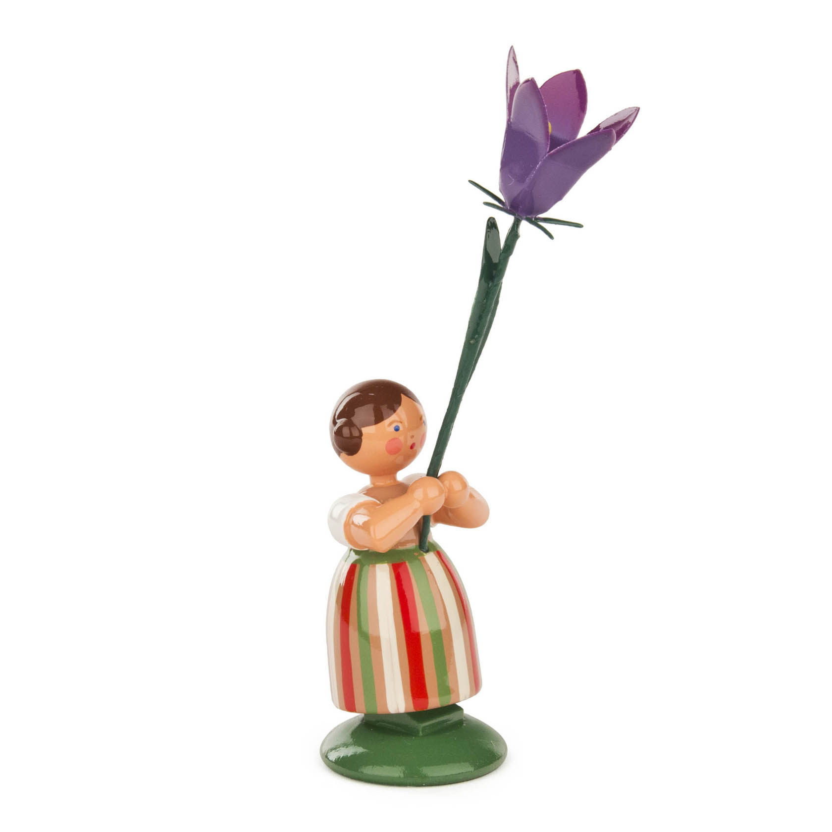Holzfigur eines Blumenmädchens in gestreiftem Kleid, hält übergroße lila Glockenblume in der Hand. im Dregeno Online Shop günstig kaufen