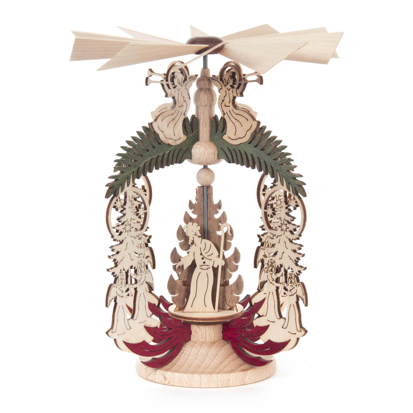 Wärmespiel mit christlicher Geburtsszene, zentrale Figur in Gebetshaltung, von Engeln und weihnachtlichen Ornamenten umgeben, mit drehendem Propeller oben.