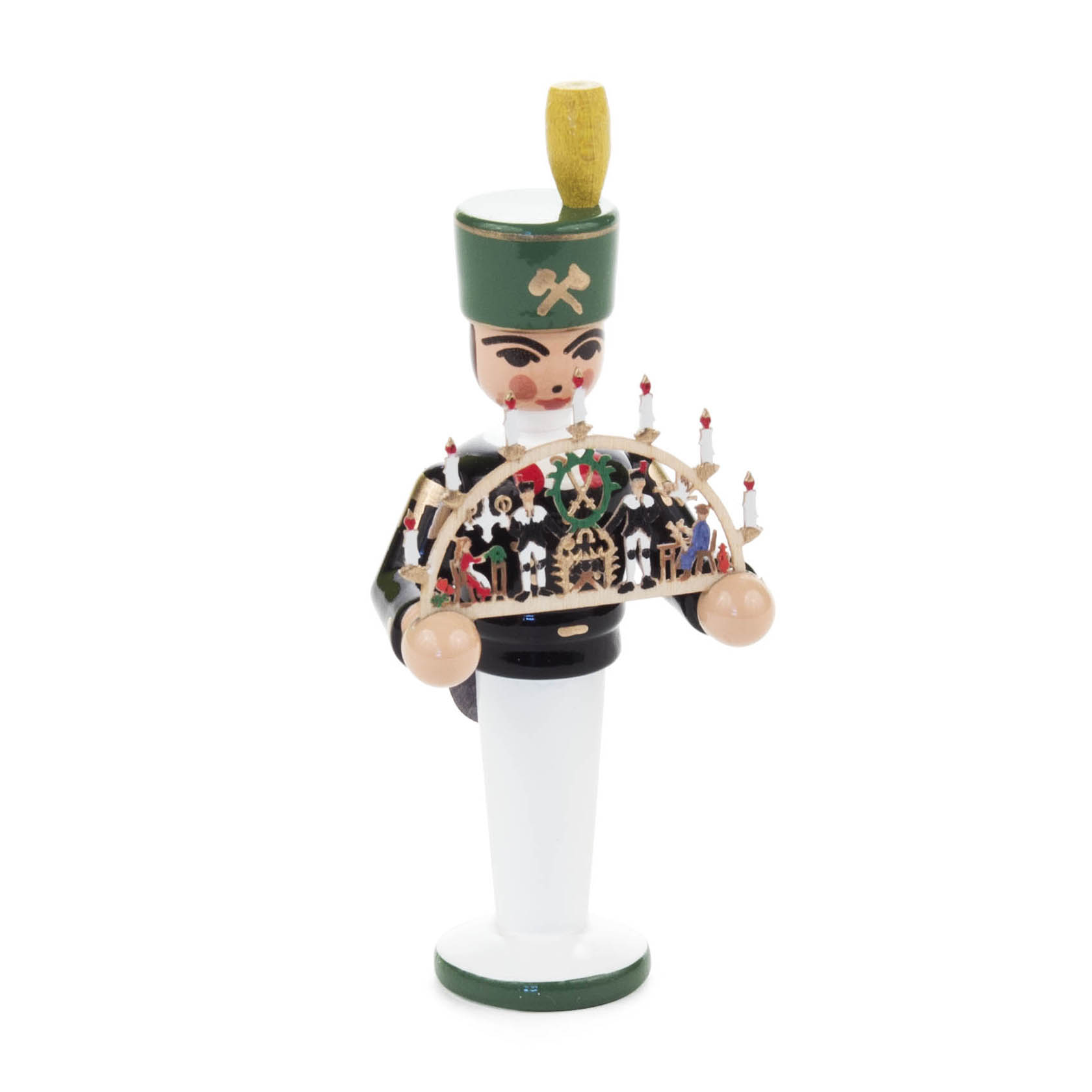 Miniatur-Bergmann aus Holz hält einen Schwibbogen, bemalt in Grün und Schwarz mit goldenen Details und gelbem Federbusch. im Dregeno Online Shop günstig kaufen