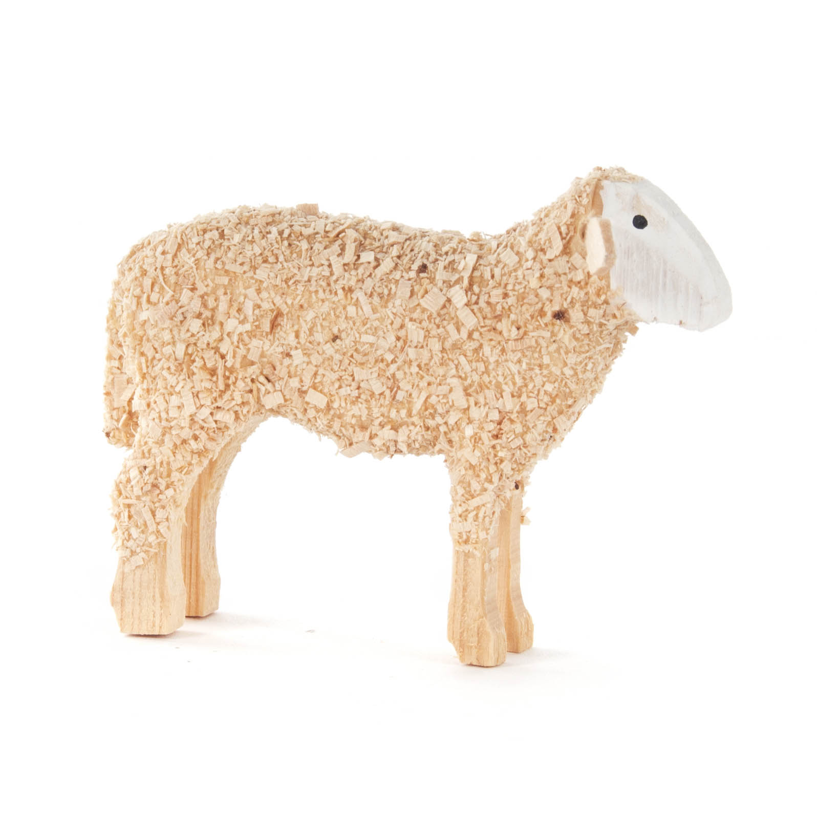 Kleine, hölzerne Schafsfigur mit geschorenem Aussehen, steht auf vier Beinen. Die Rückenhöhe beträgt 40mm. im Dregeno Online Shop günstig kaufen