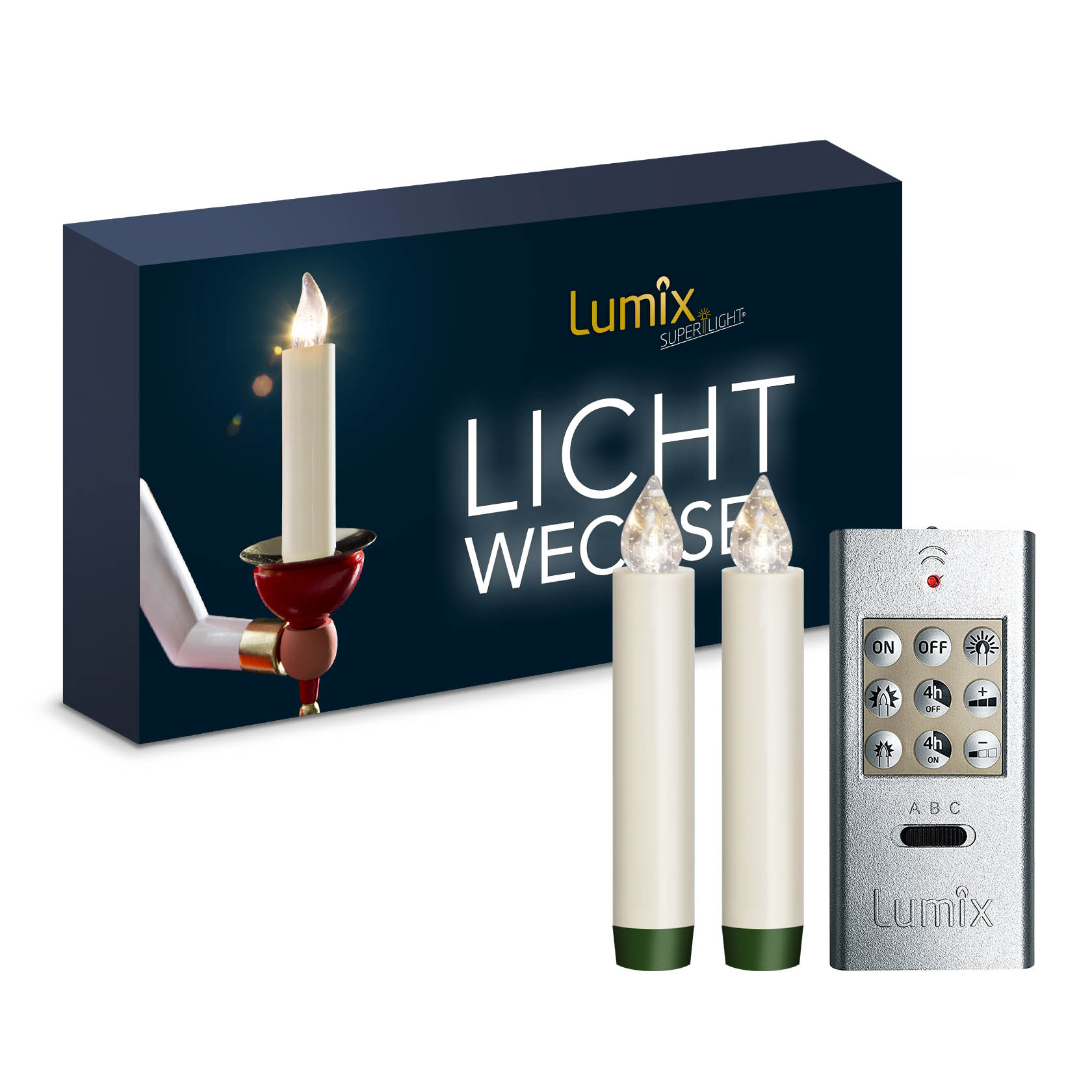 Zwei künstliche, elfenbeinfarbene Kerzen mit leuchtenden LED-Flammen, präsentiert mit einer Fernbedienung und in einer dekorativen Verpackung. im Dregeno Online Shop günstig kaufen