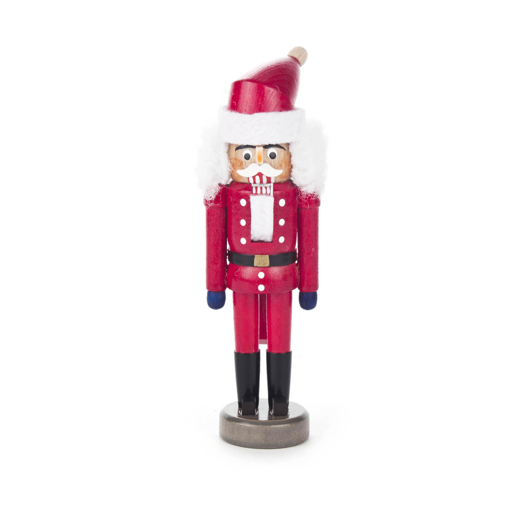 Ein roter Nussknacker in Form eines Weihnachtsmanns, 14 cm groß, mit weißem Bart und roten Mantel auf einem runden Sockel stehend. im Dregeno Online Shop günstig kaufen