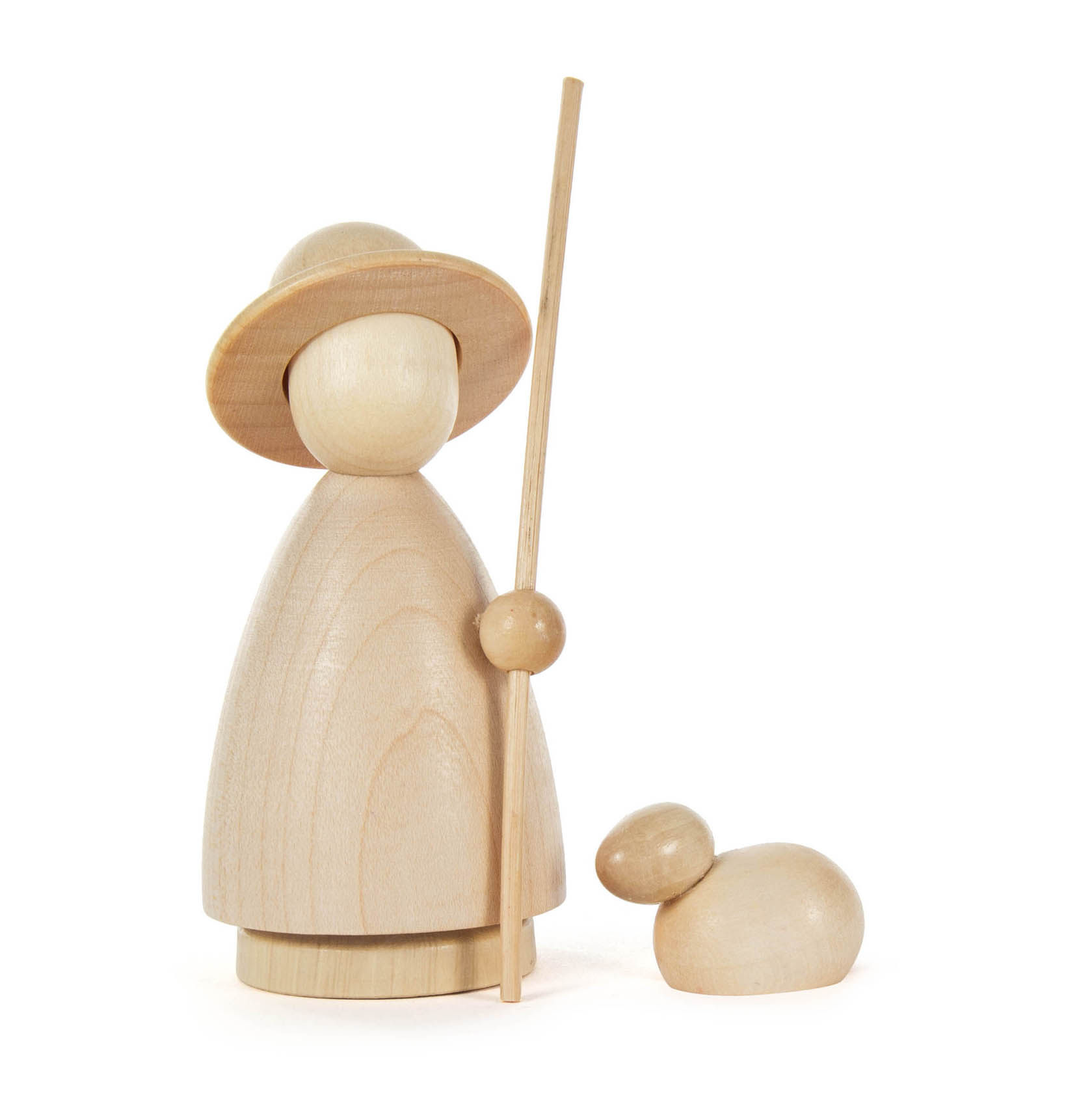 Holzfigur eines Schäfers mit Hut und Stab neben einer Schaf-Figur, beide naturbelassen und minimalistisches Design. im Dregeno Online Shop günstig kaufen