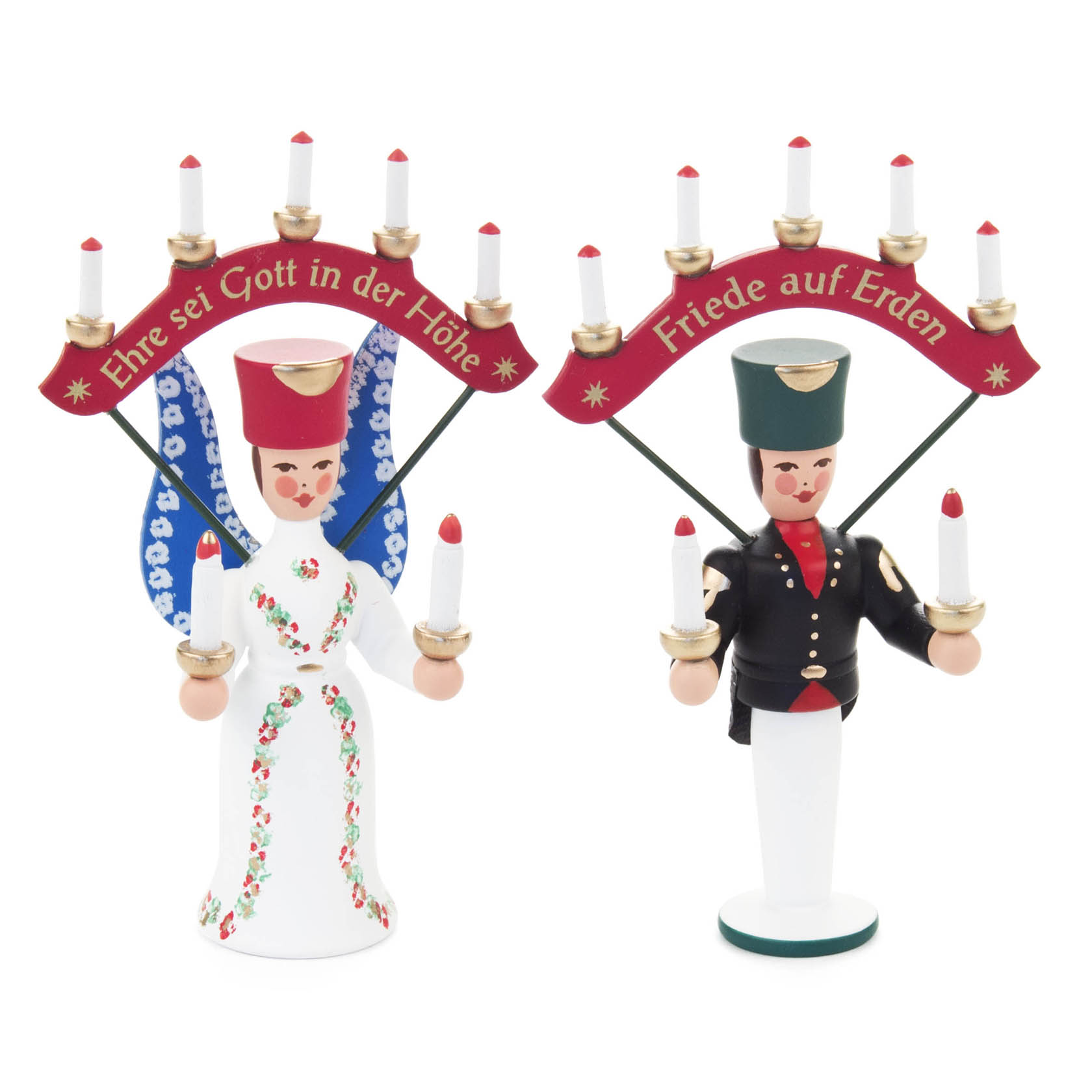 Miniaturfiguren: Ein Engel in weißem Kleid mit Blumenmuster hält Kerzen und trägt ein Band mit 'Ehre sei Gott in der Höhe'. Ein Bergmann in Uniform mit 'Friede auf Erden' Band. im Dregeno Online Shop günstig kaufen