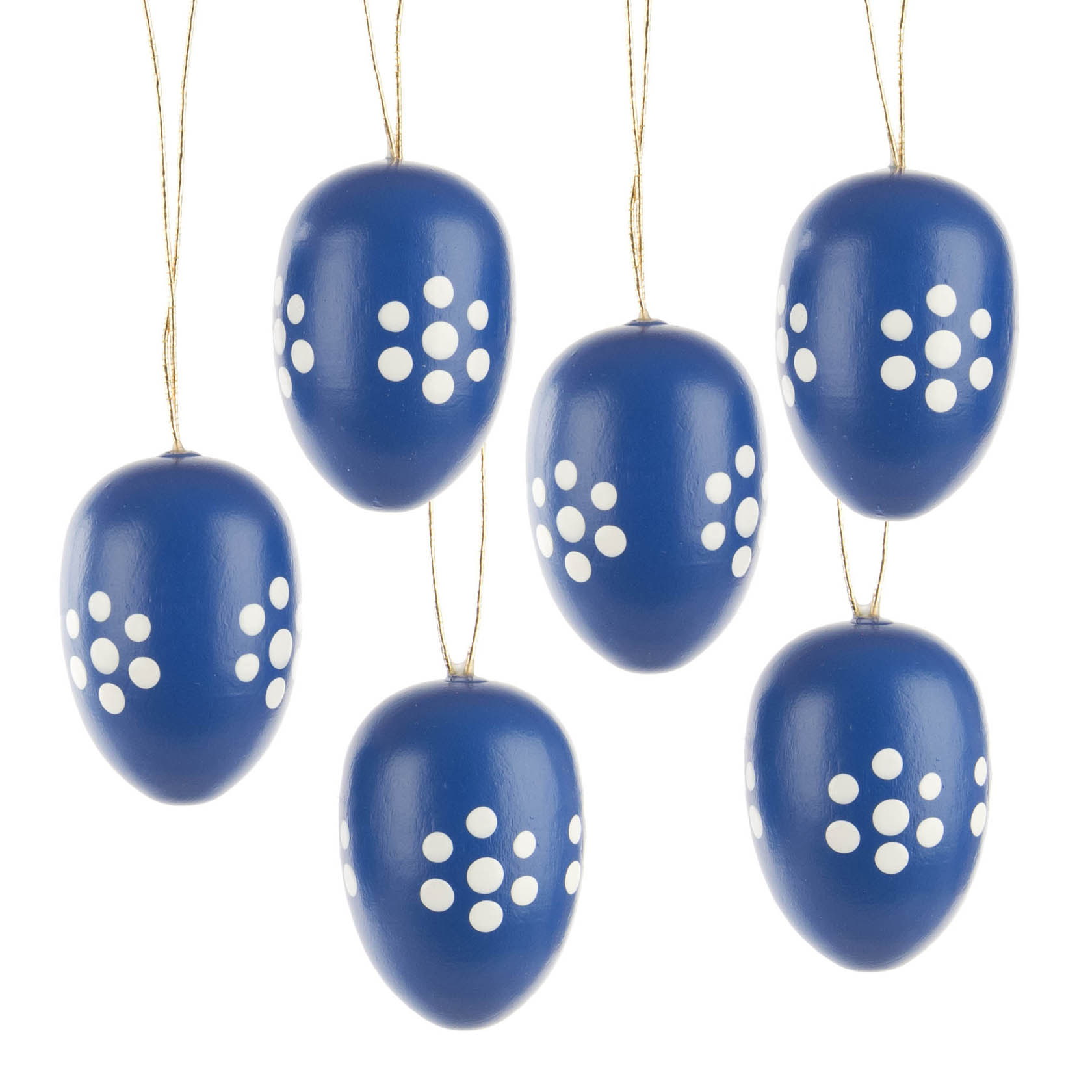 Sechs blaue Ostereier mit weißem Punktmuster im Bürgel Design, hängend an goldenen Fäden. im Dregeno Online Shop günstig kaufen