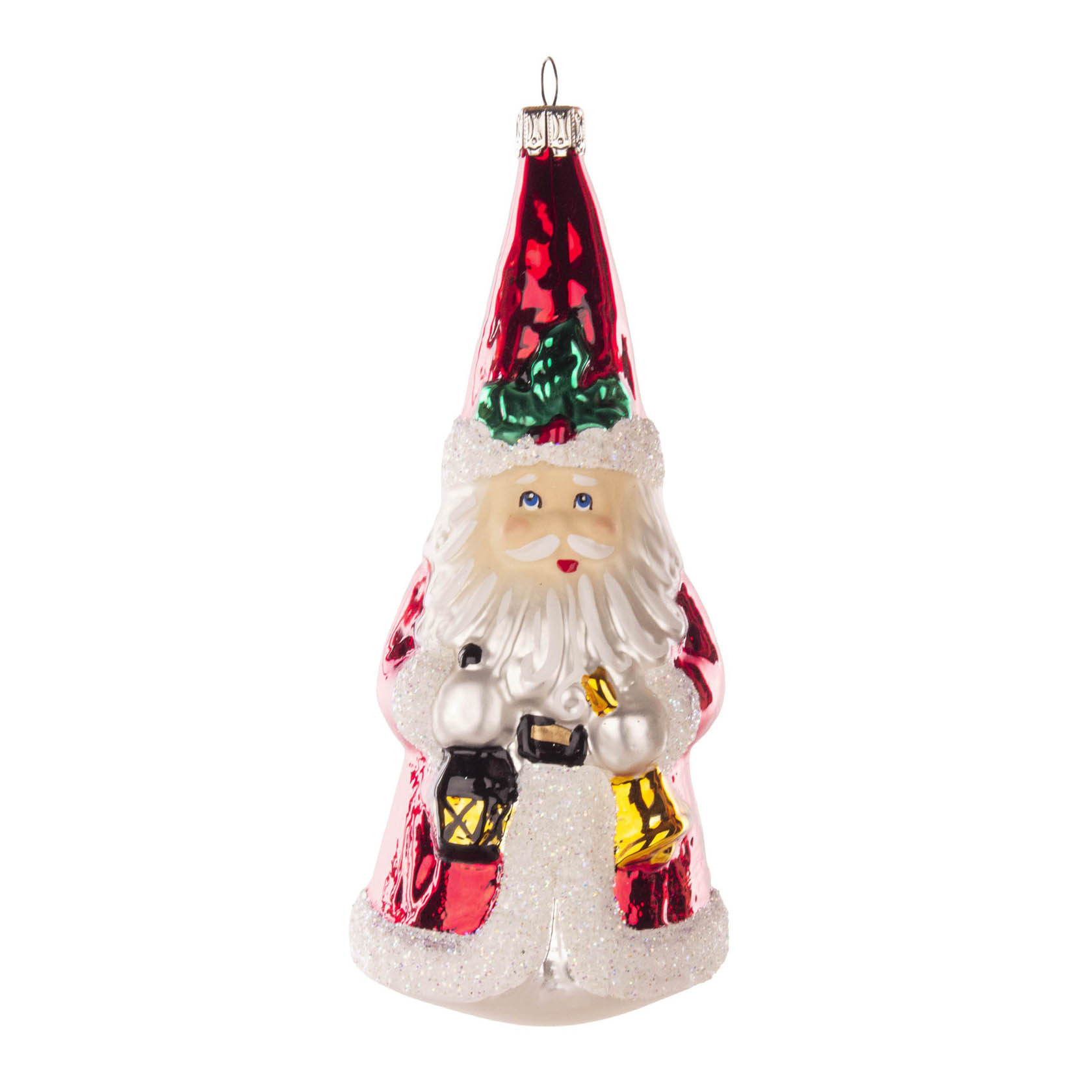 Thüringer Christbaumschmuck in Form eines Weihnachtsmanns mit rotem Mantel, langem weißen Bart und Laterne in der Hand, elegant glitzernd verziert. im Dregeno Online Shop günstig kaufen