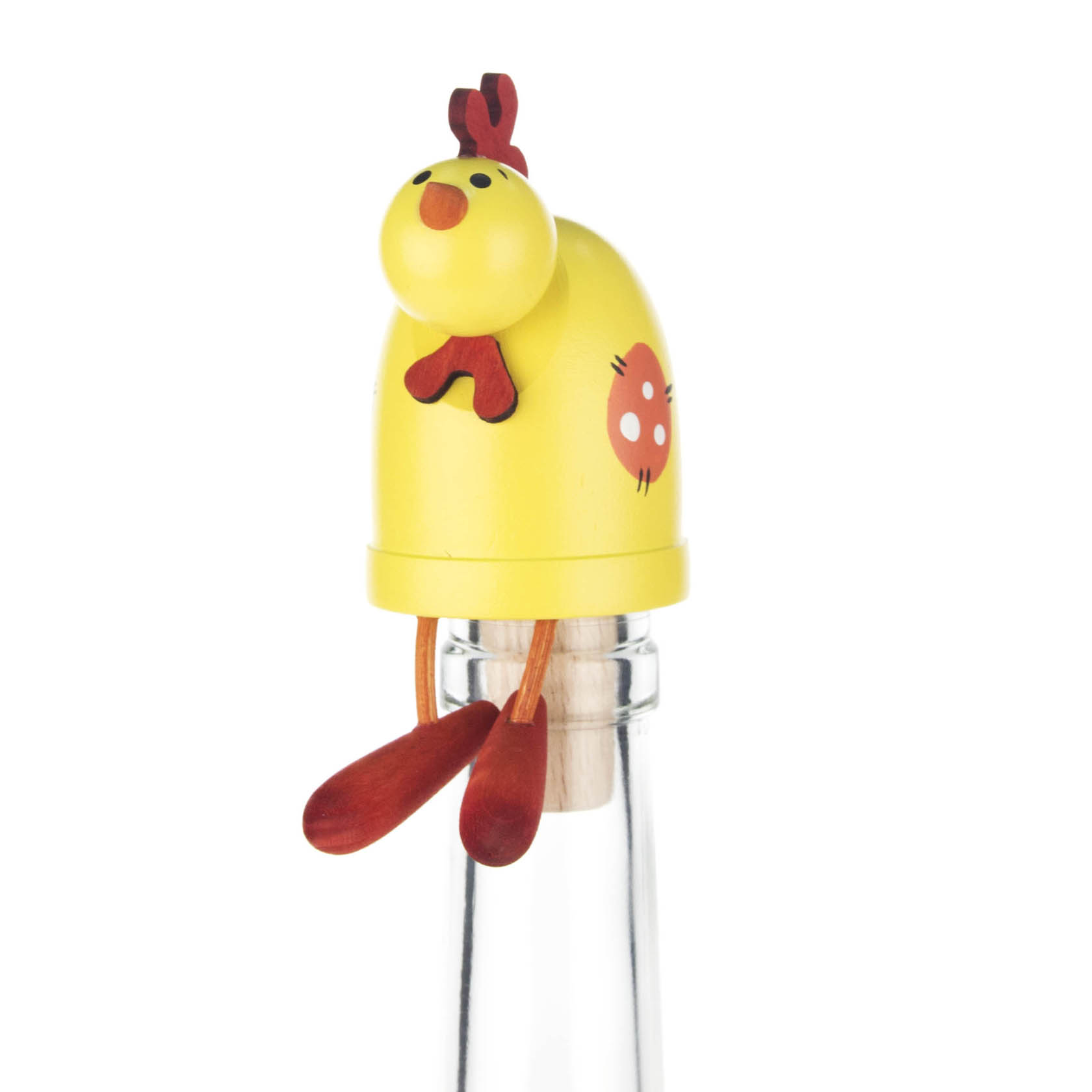 Ein gelber Flaschenverschluss in Form eines Hahns mit roten Beinen, der auf einer Weinflasche sitzt. im Dregeno Online Shop günstig kaufen