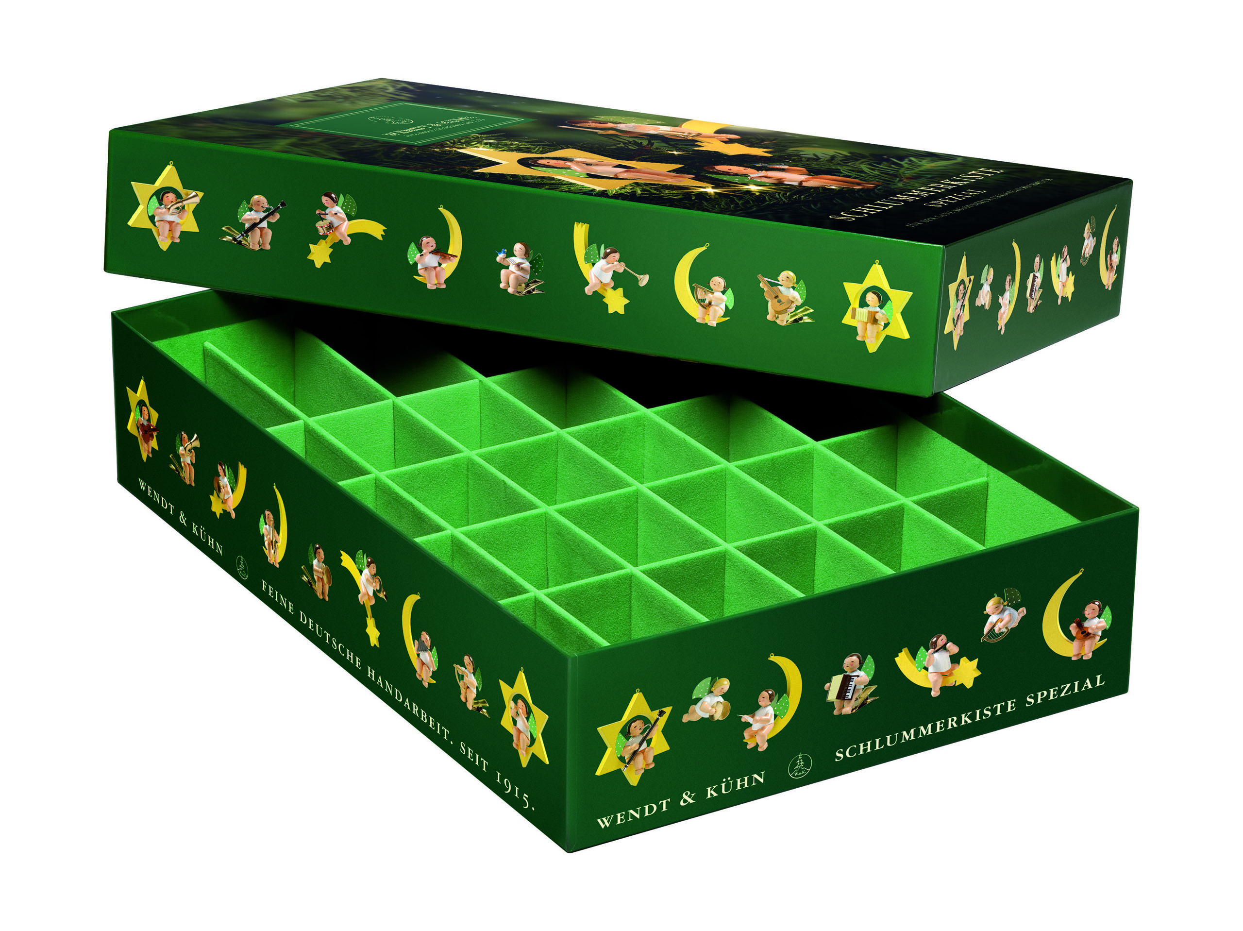 Grüne Aufbewahrungsbox für Christbaumschmuck mit 30 quadratischen Fächern und dekorativen Weihnachtsmotiven wie Engeln und Sternen. im Dregeno Online Shop günstig kaufen